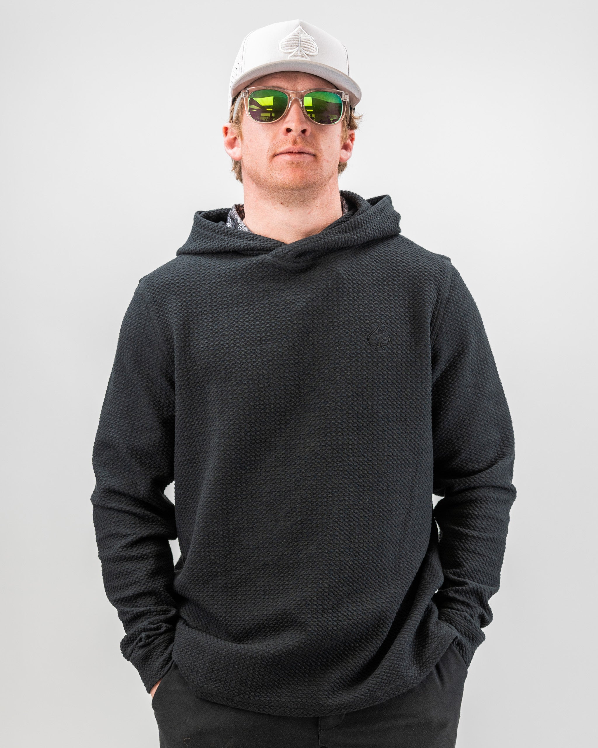 Men's Player Preferred Waffle Knit Hoodie in Obsidian, featuring a relaxed fit and stylish design, perfect for golf outings.