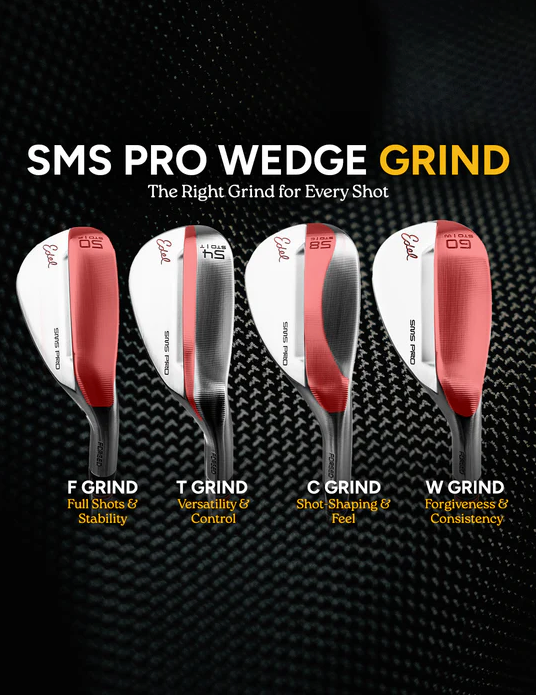SMS Pro Wedge 60 Degree showcasing four grind options: F Grind for stability, T Grind for control, C Grind for feel, and W Grind for consistency.