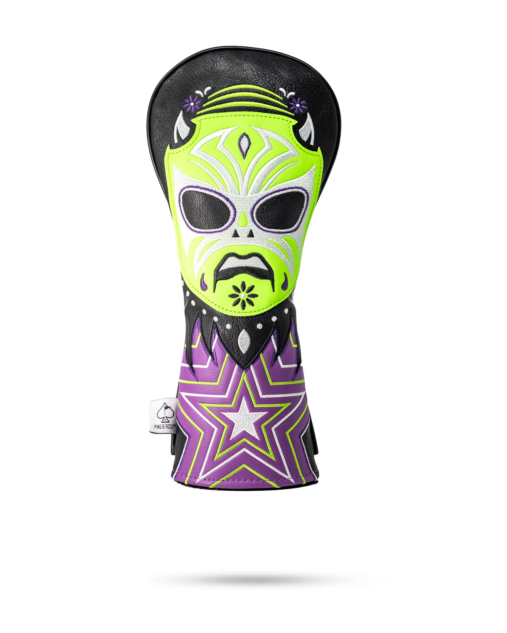 Lucha Libre mask fairway cover featuring vibrant green and purple colors with a star design, perfect for bold golfers.