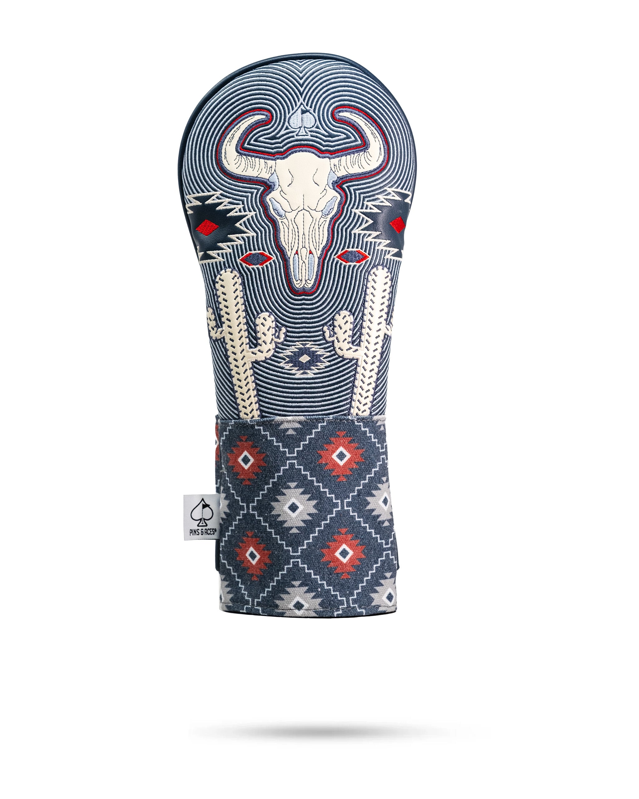 Western aesthetic fairway cover featuring a bull skull design with cacti and geometric patterns, perfect for stylish golfers.