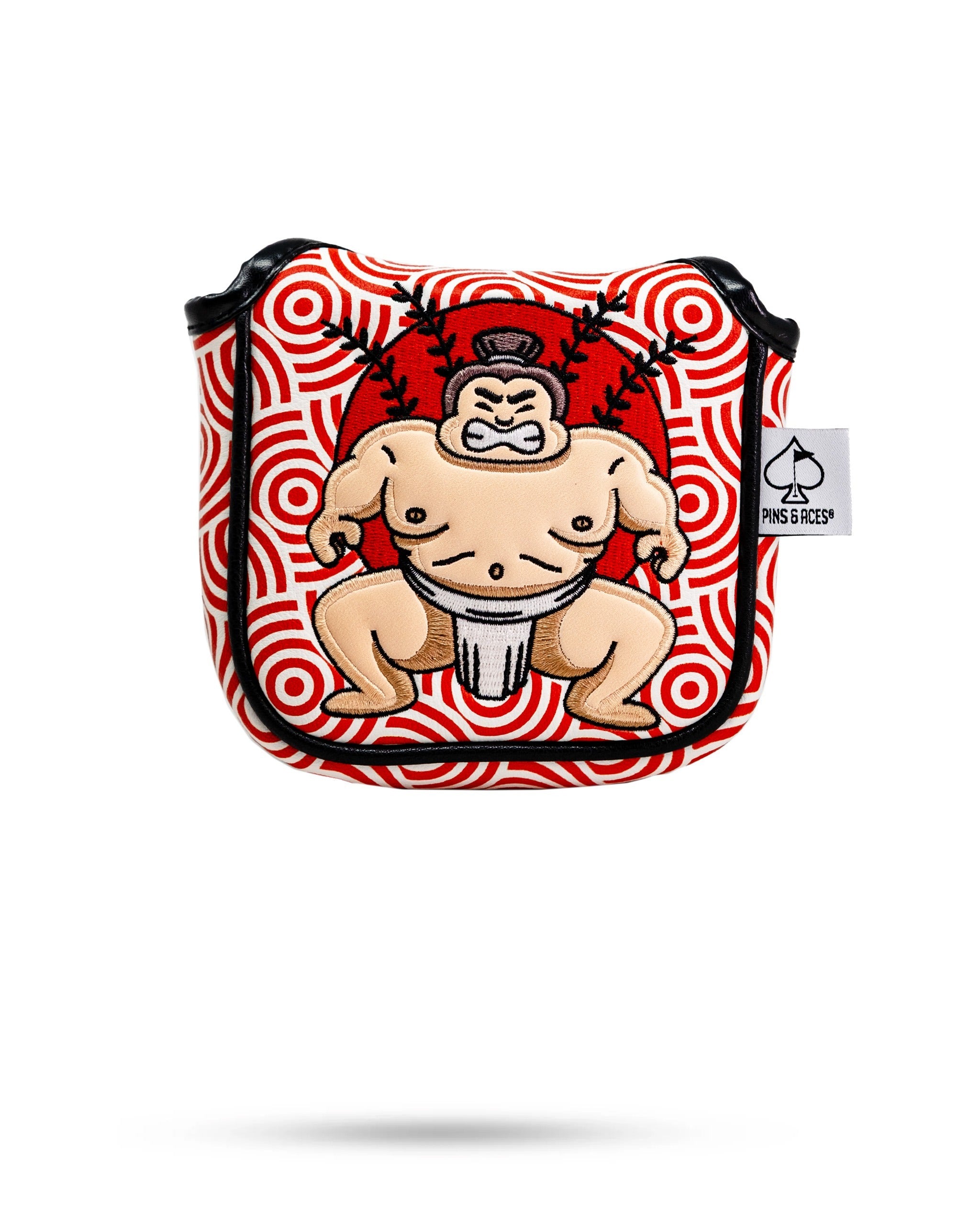 Bold Sumo mallet putter cover featuring a colorful sumo wrestler design on a red and white spiral background.