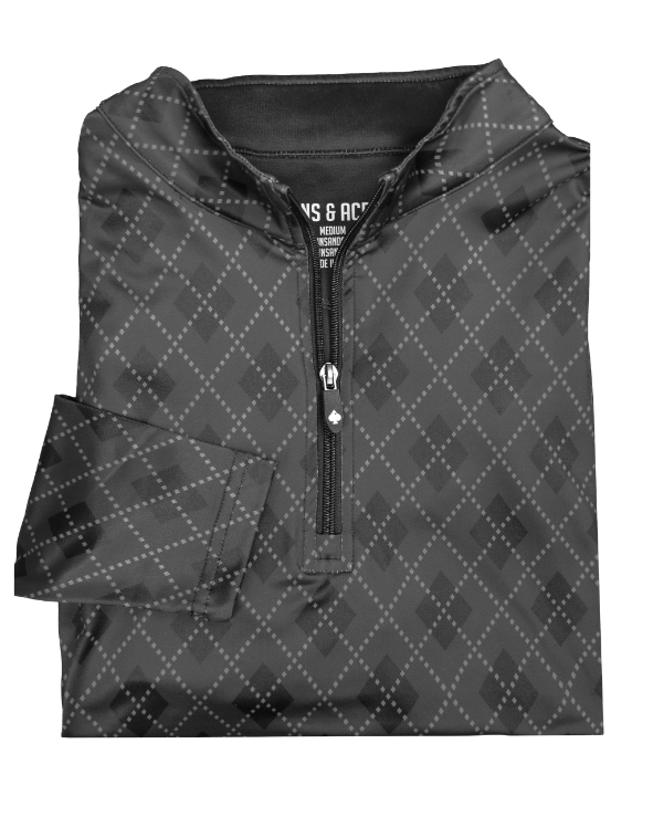Stylish London Fog pullover in black with a subtle diamond pattern, featuring a half-zip design and long sleeves.