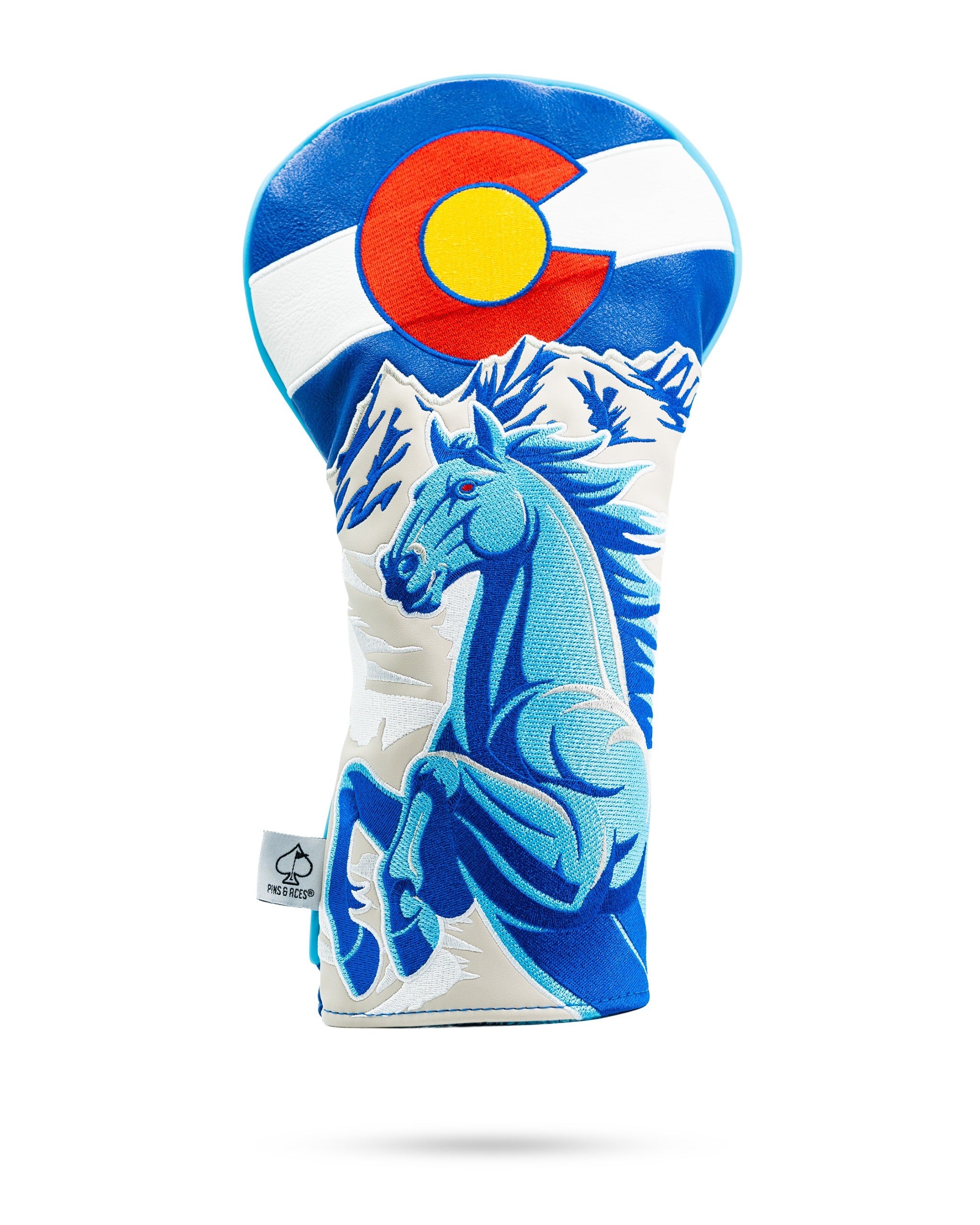 Bold driver cover featuring a blue horse design and Colorado flag elements, perfect for golfers who want to stand out.