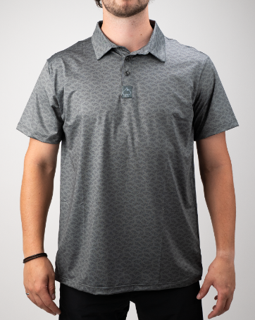 Men's golf polo shirt in gray with a subtle fish pattern, designed for comfort and style on the course.