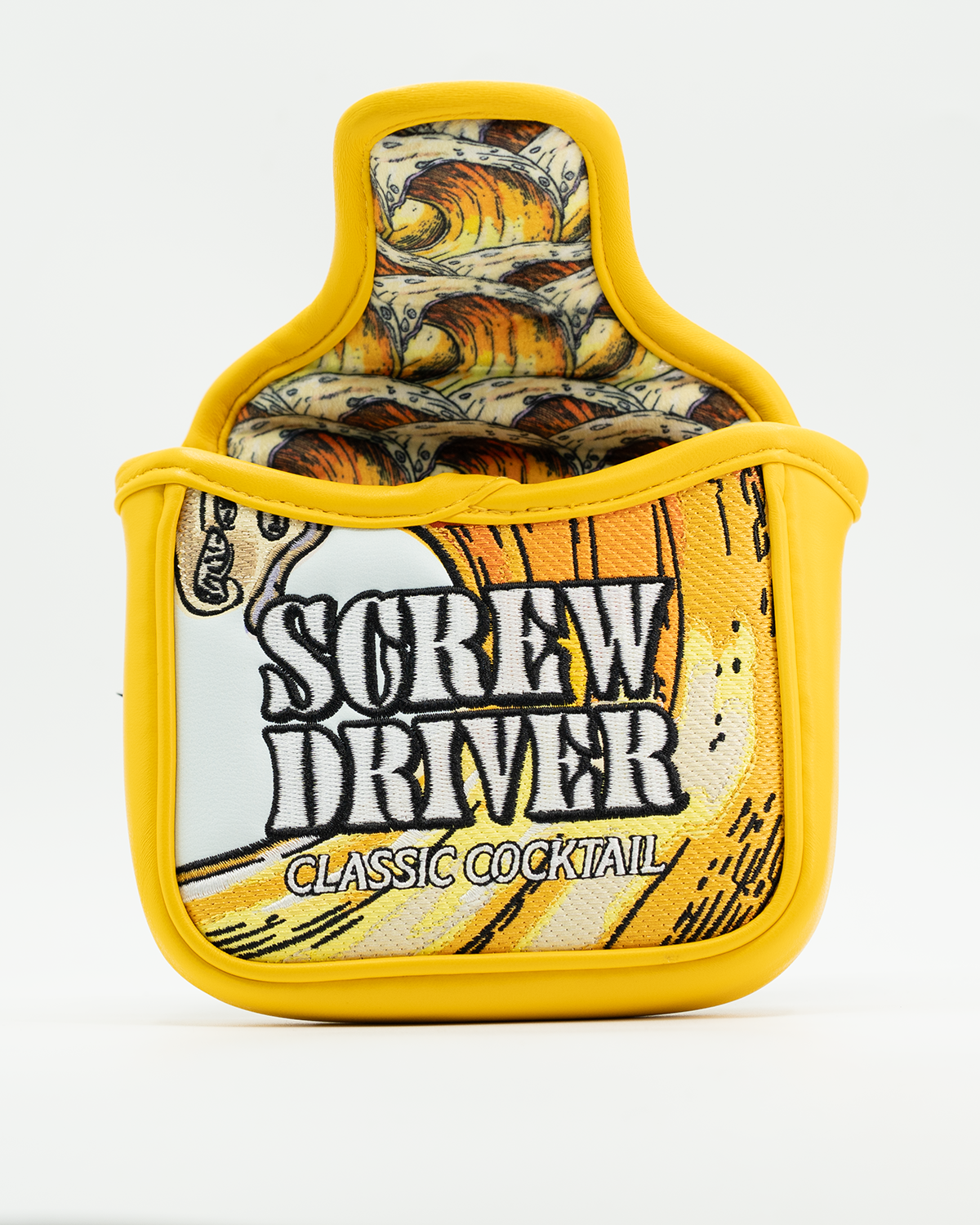 Bold mallet putter cover featuring a vibrant yellow design with a classic cocktail theme and "Screw Driver" text.
