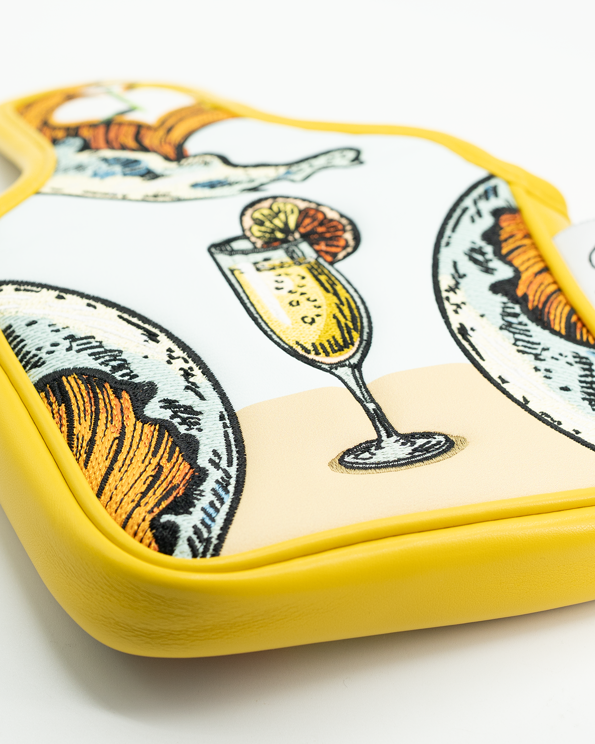 Mimosa mallet putter cover featuring vibrant illustrations of cocktails and brunch items on a white background.