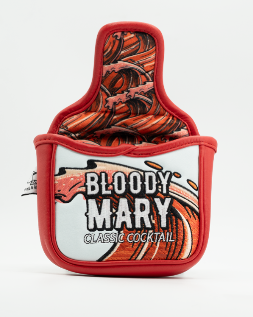Bold Bloody Mary mallet putter cover featuring vibrant cocktail graphics and a striking red design for standout style on the course.