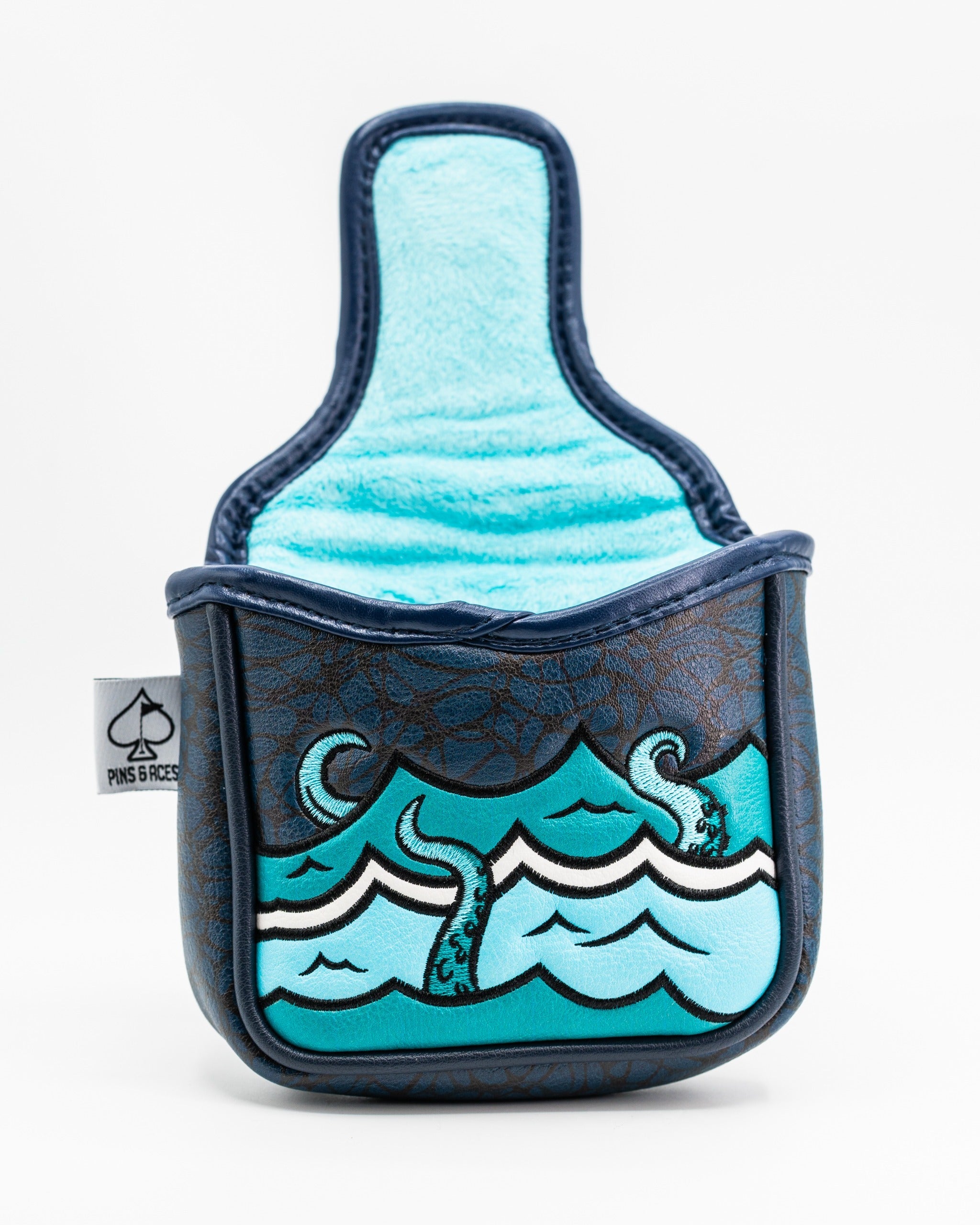 Bold Kraken mallet putter cover featuring ocean waves and tentacles, designed for golfers who want to stand out.