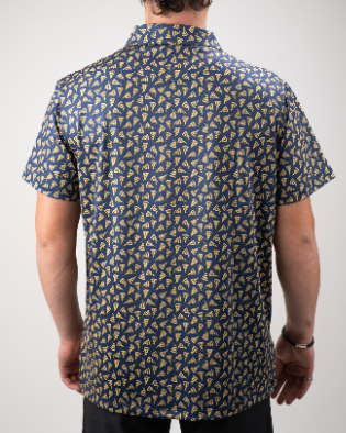 Men's short-sleeve shirt featuring a playful pizza slice pattern on a dark background, perfect for casual outings.
