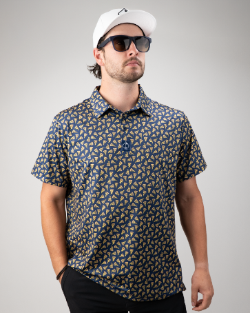 Bold golf polo featuring a playful pizza slice pattern, perfect for golfers who want to make a statement on the course.
