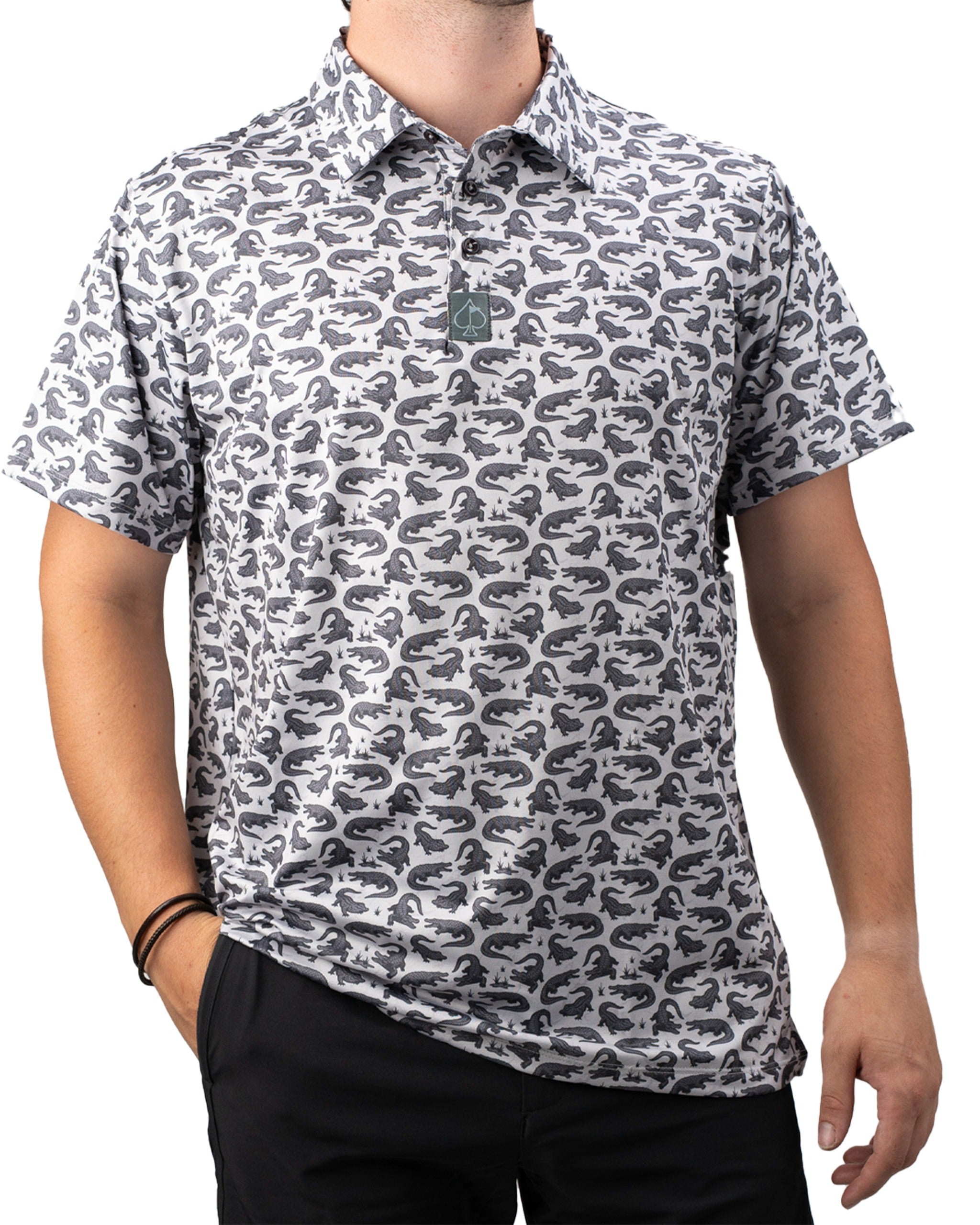 Bold golf shirt featuring a unique alligator pattern, designed for golfers who want to stand out on the course.