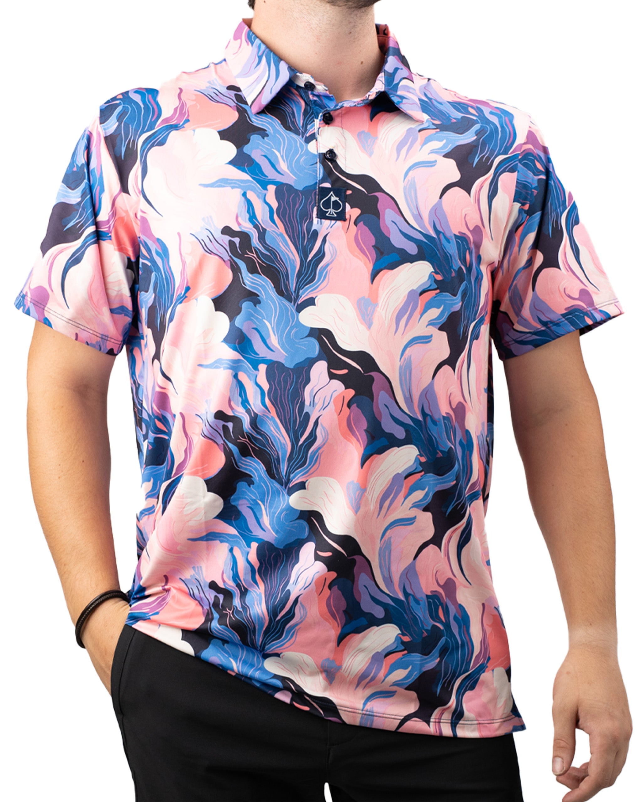 Bold golf polo featuring a vibrant melting floral pattern in pink, blue, and purple hues, perfect for stylish golfers.