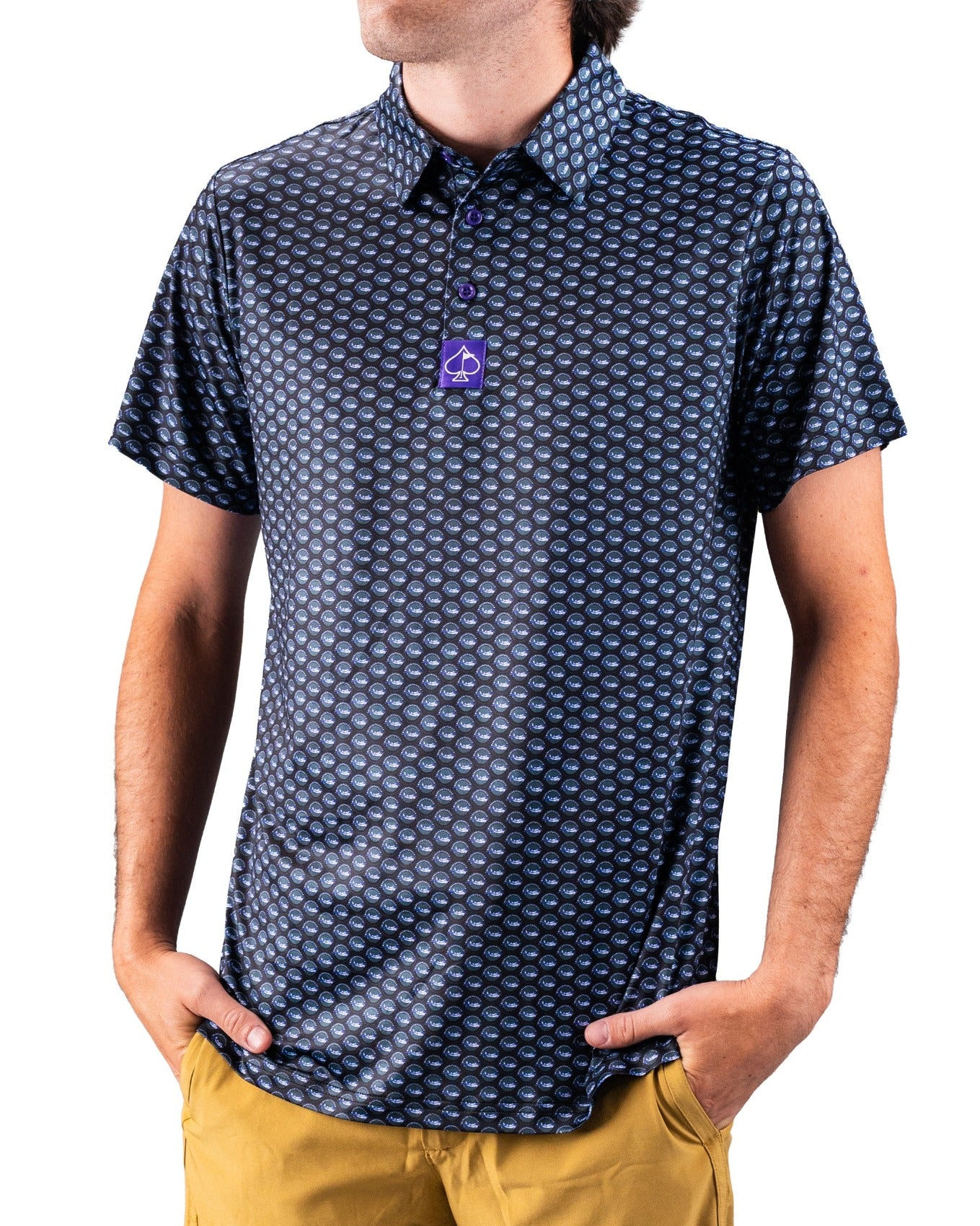 Men's Margaritaville Hemisphere Dancer polo shirt featuring a vibrant pattern, short sleeves, and a modern fit.