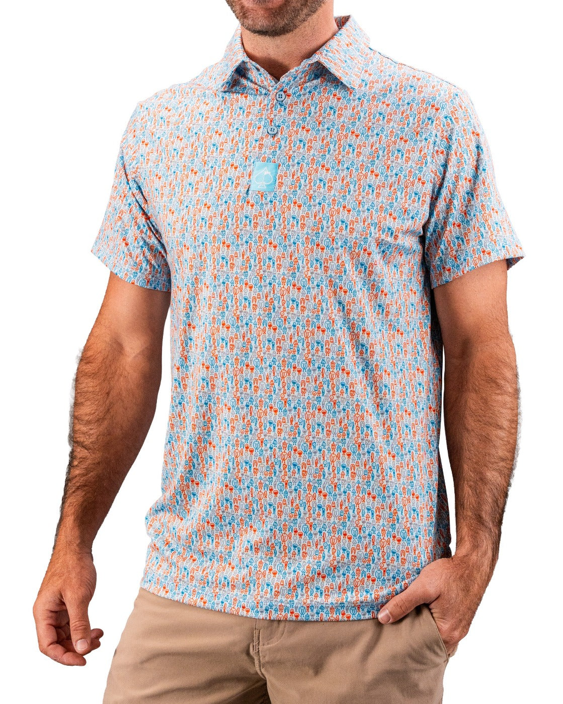 Bold, colorful golf shirt with orange, blue, and white pattern, featuring a small logo on the chest, perfect for standing ...