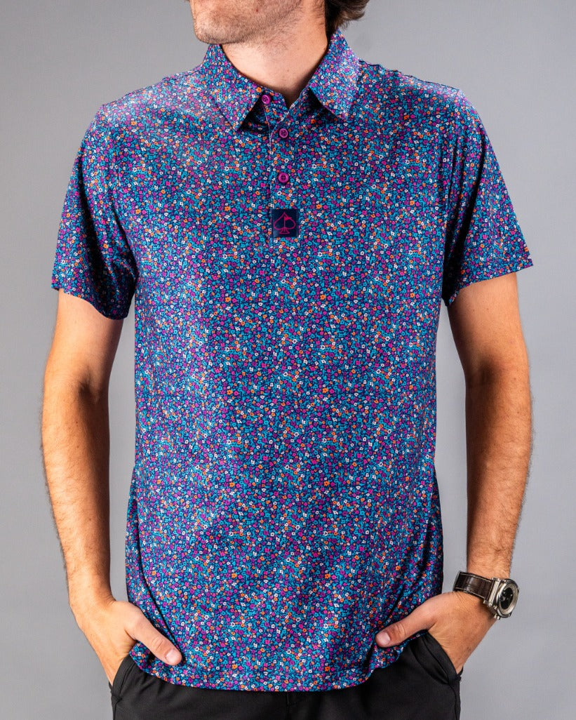 Men's golf polo shirt featuring a vibrant lavender floral pattern, designed for a stylish and bold look on the course.