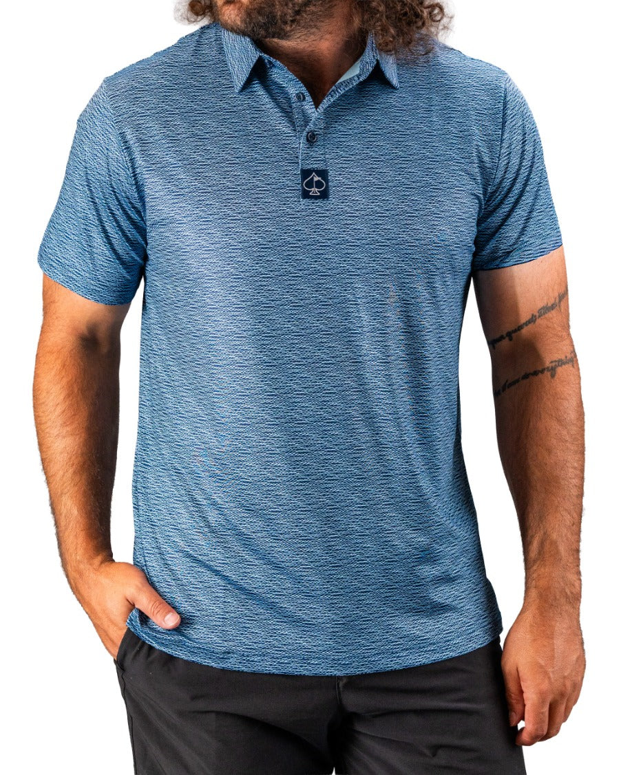 Men's Squiggle Blue golf polo featuring a textured blue pattern and a classic collar, perfect for stylish on-course performance.