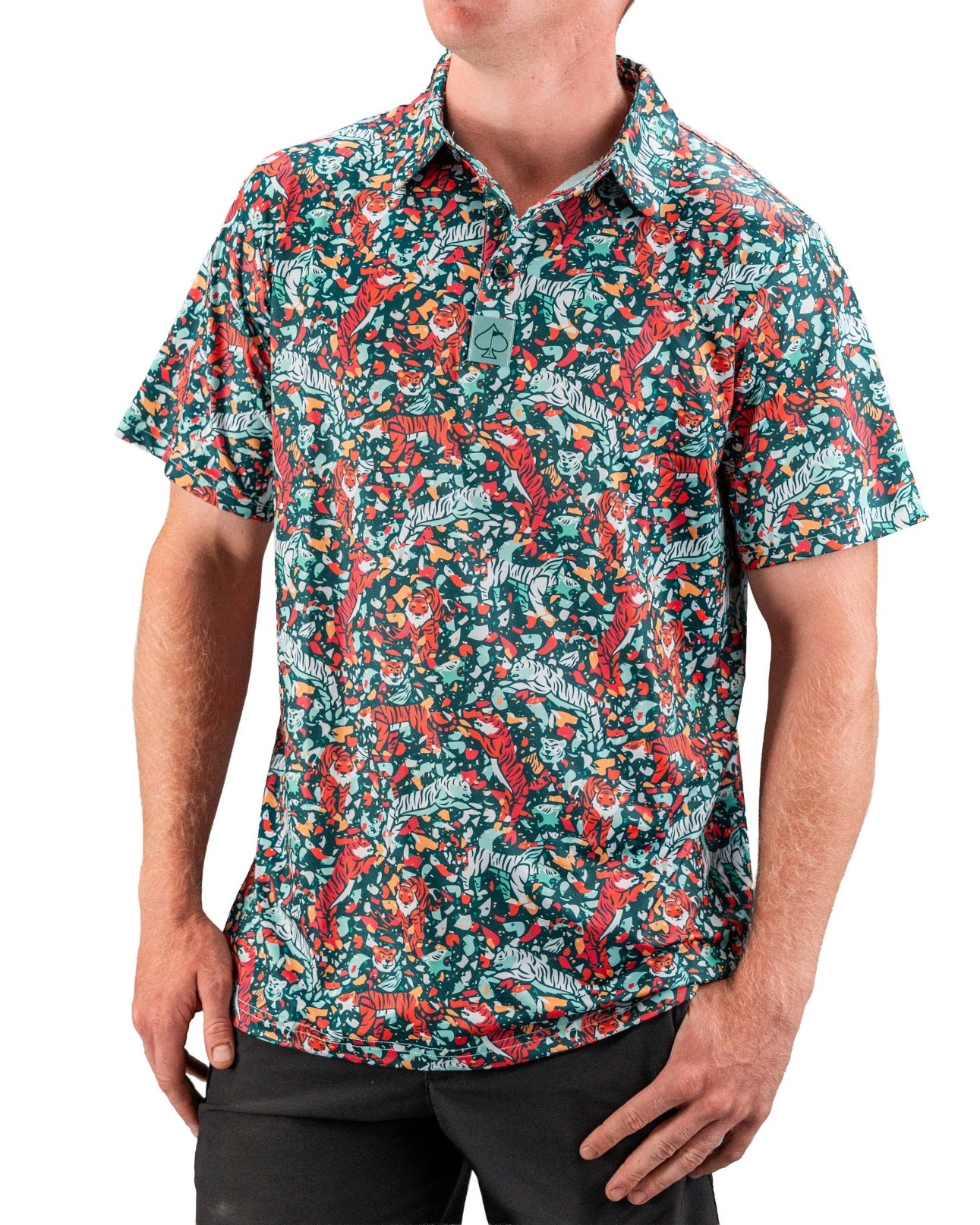 Bold teal golf shirt featuring a vibrant tiger and floral pattern, perfect for golfers looking to stand out on the course.
