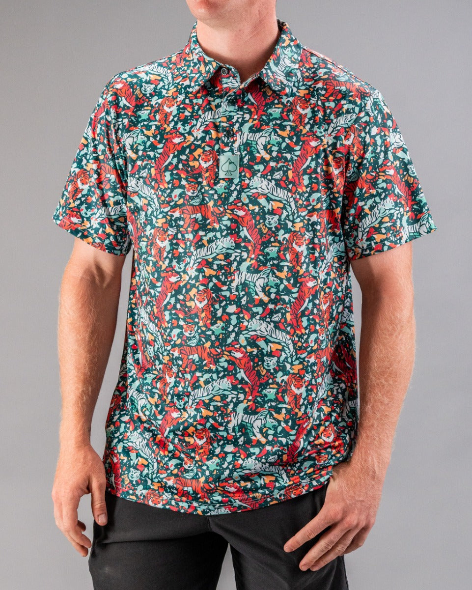 Bold teal golf shirt featuring a vibrant tiger and floral pattern, designed for golfers who want to stand out on the course.