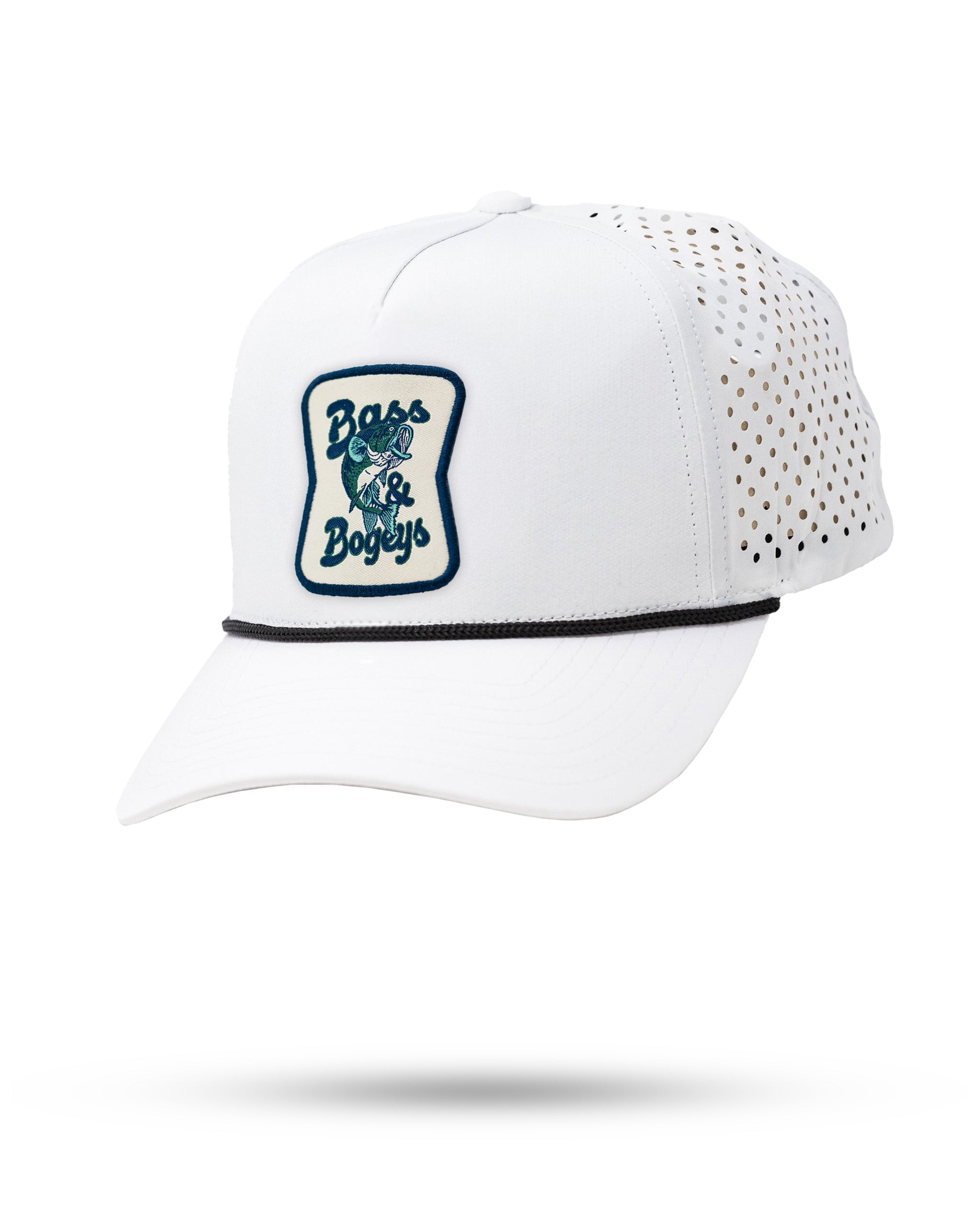 White perforated rope hat featuring a Bass and Bogeys logo, perfect for stylish golfers seeking comfort on the course.