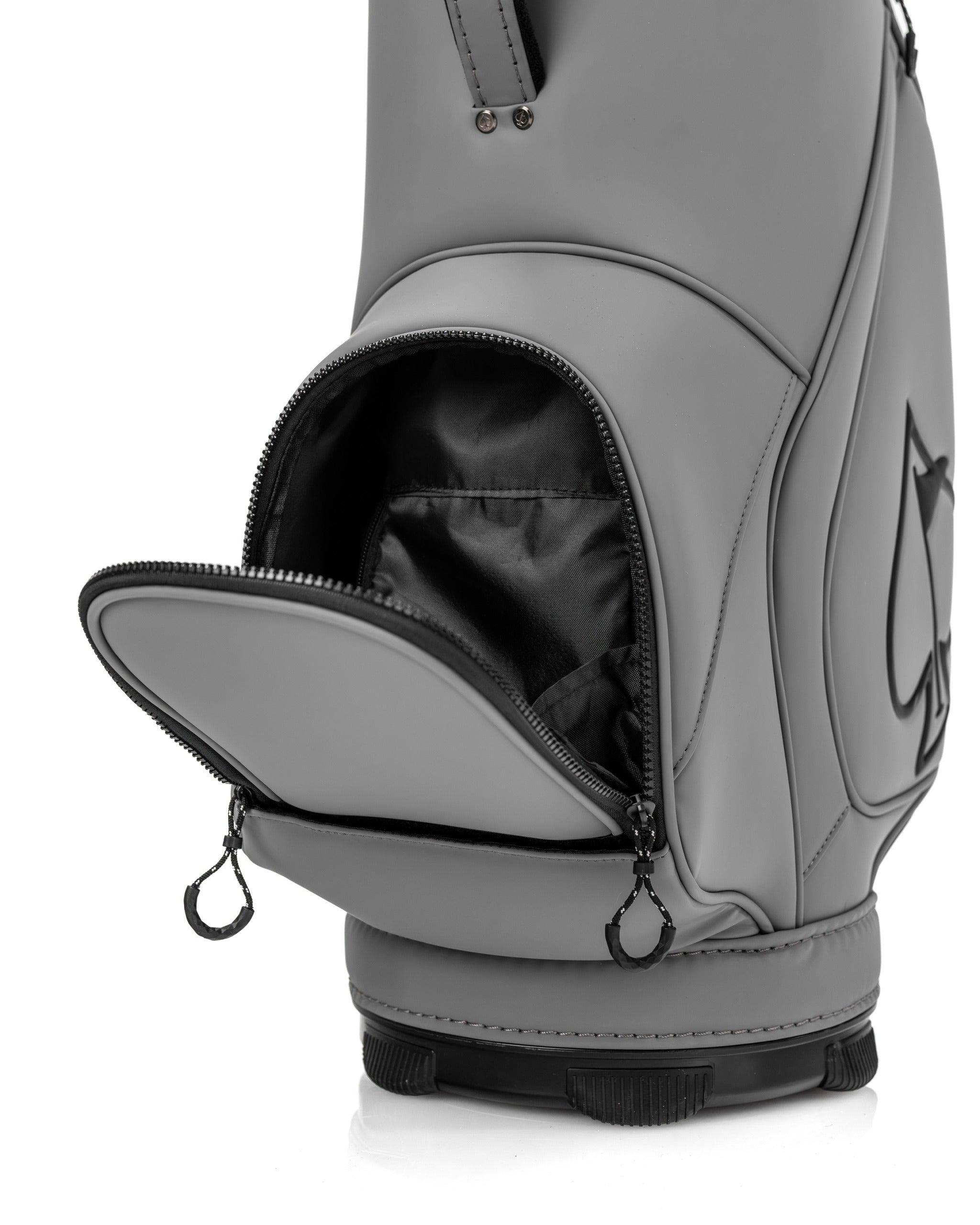 Gray Den Caddy golf bag featuring a zippered pocket and sleek design, ideal for stylish golfers.
