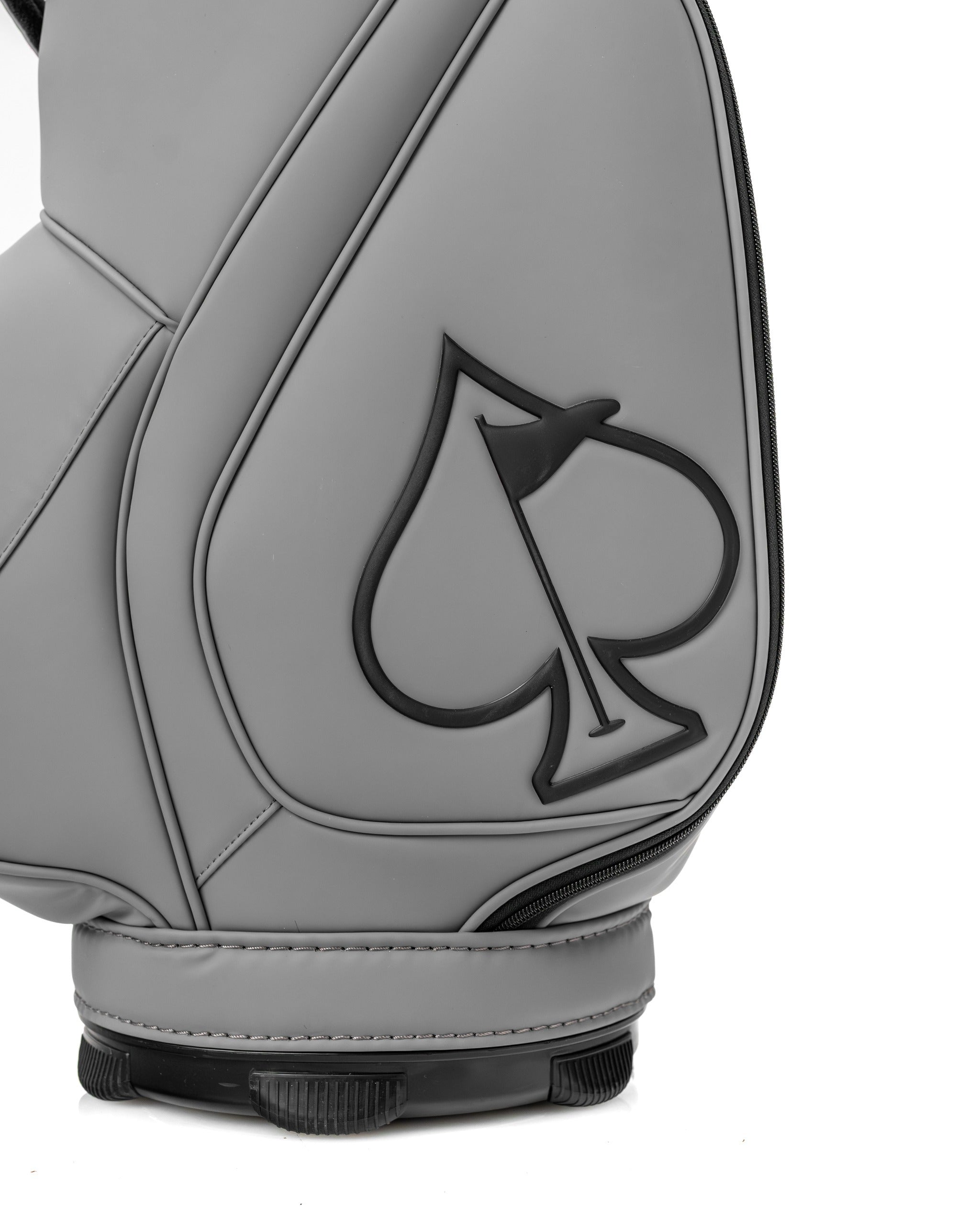 Stylish Den Caddy in flat ash color featuring a bold spade logo, designed for golfers seeking unique accessories.