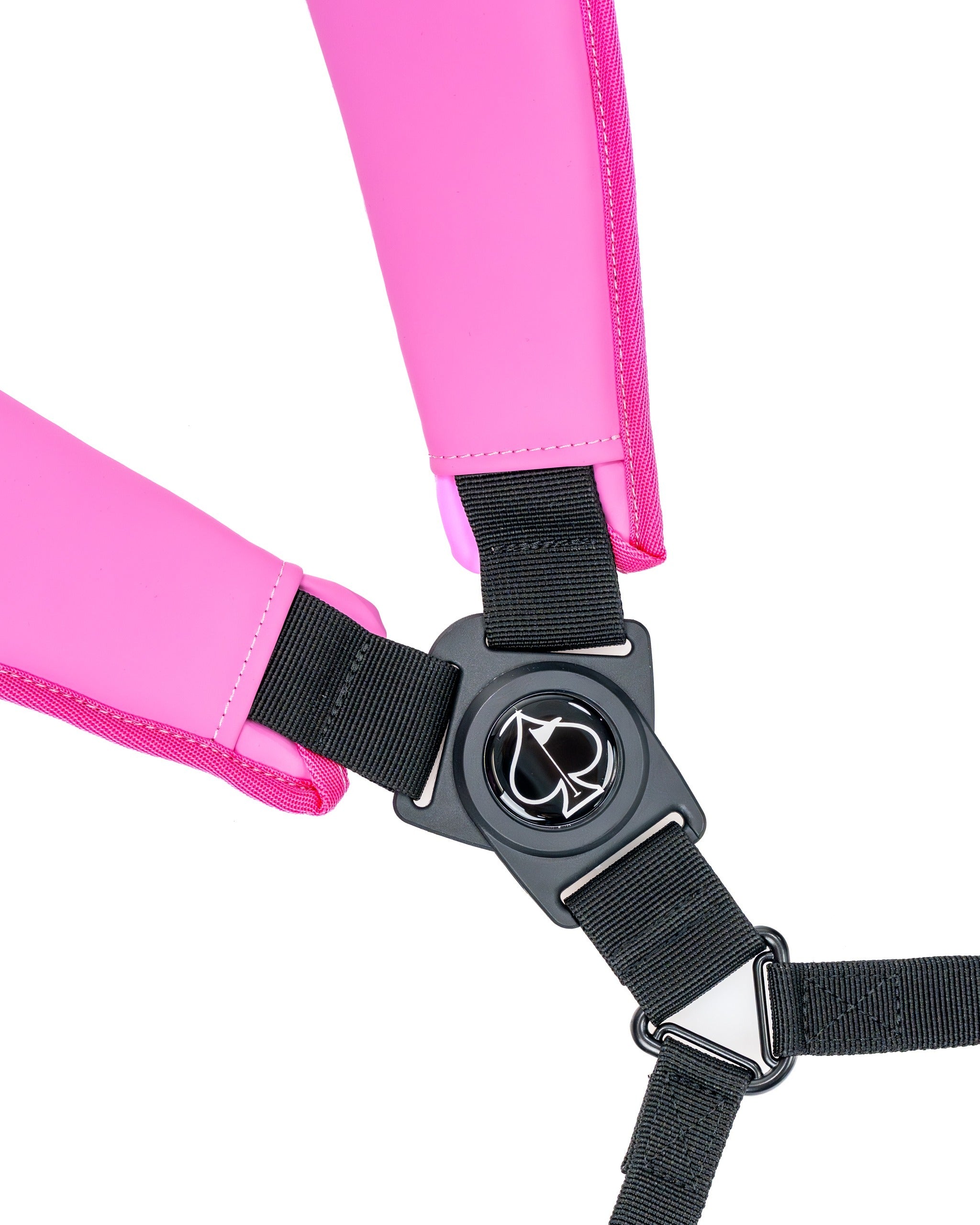 Close-up of the adjustable straps on the Player Preferred Golf Bag in Bubblegum 2.0, featuring a sleek design and durable clips.