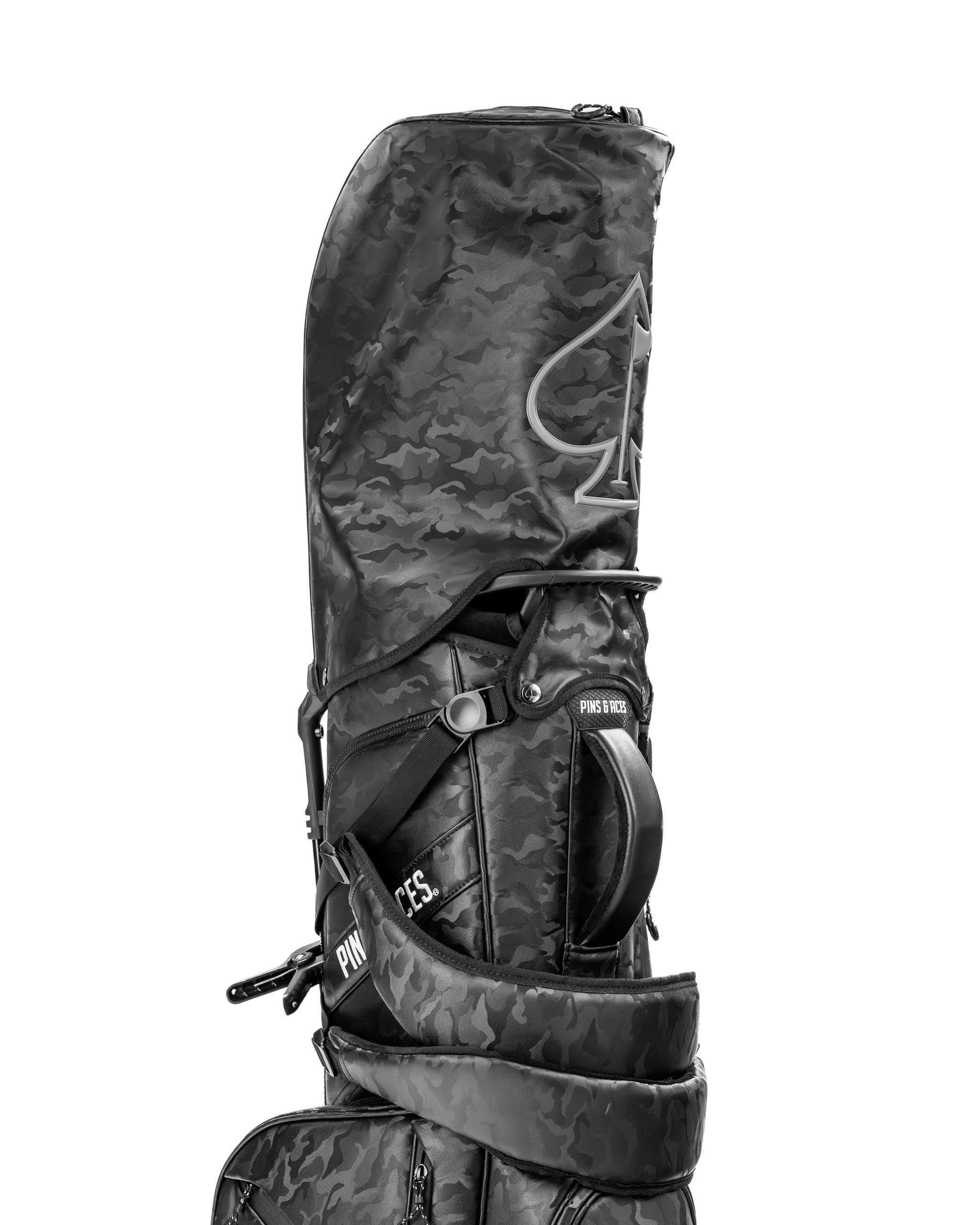 Black camo golf bag featuring a sleek design and ample storage for clubs and accessories, ideal for stylish golfers.