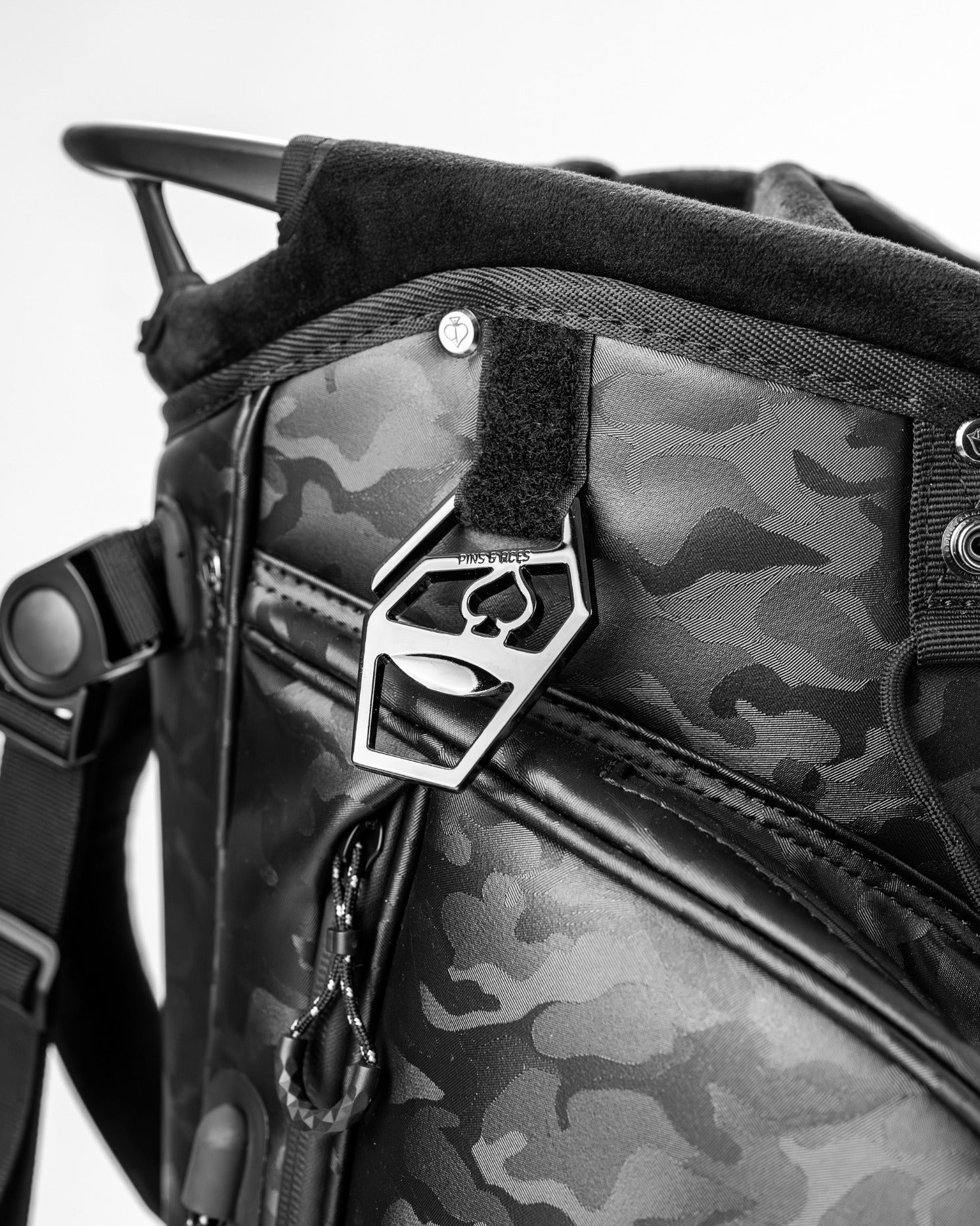 Close-up of the Player Preferred Golf Bag in black camo, showcasing its durable material and stylish design features.