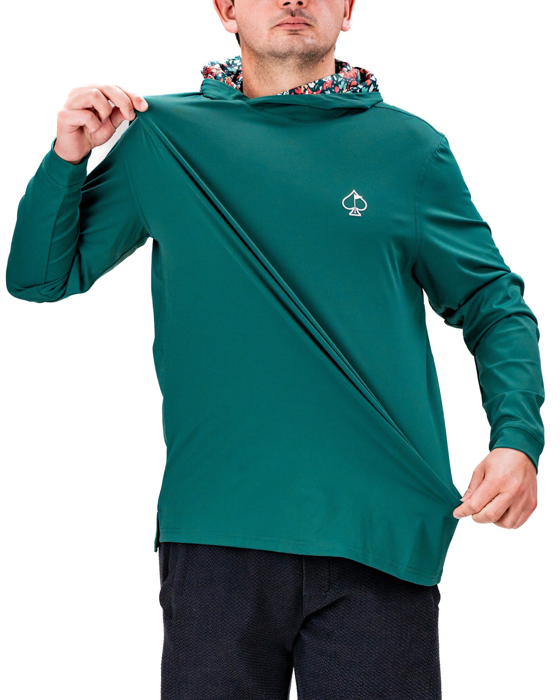 Performance Golf Hoodie in Tiger Shatter Teal, featuring a vibrant patterned hood and a sleek, athletic fit.