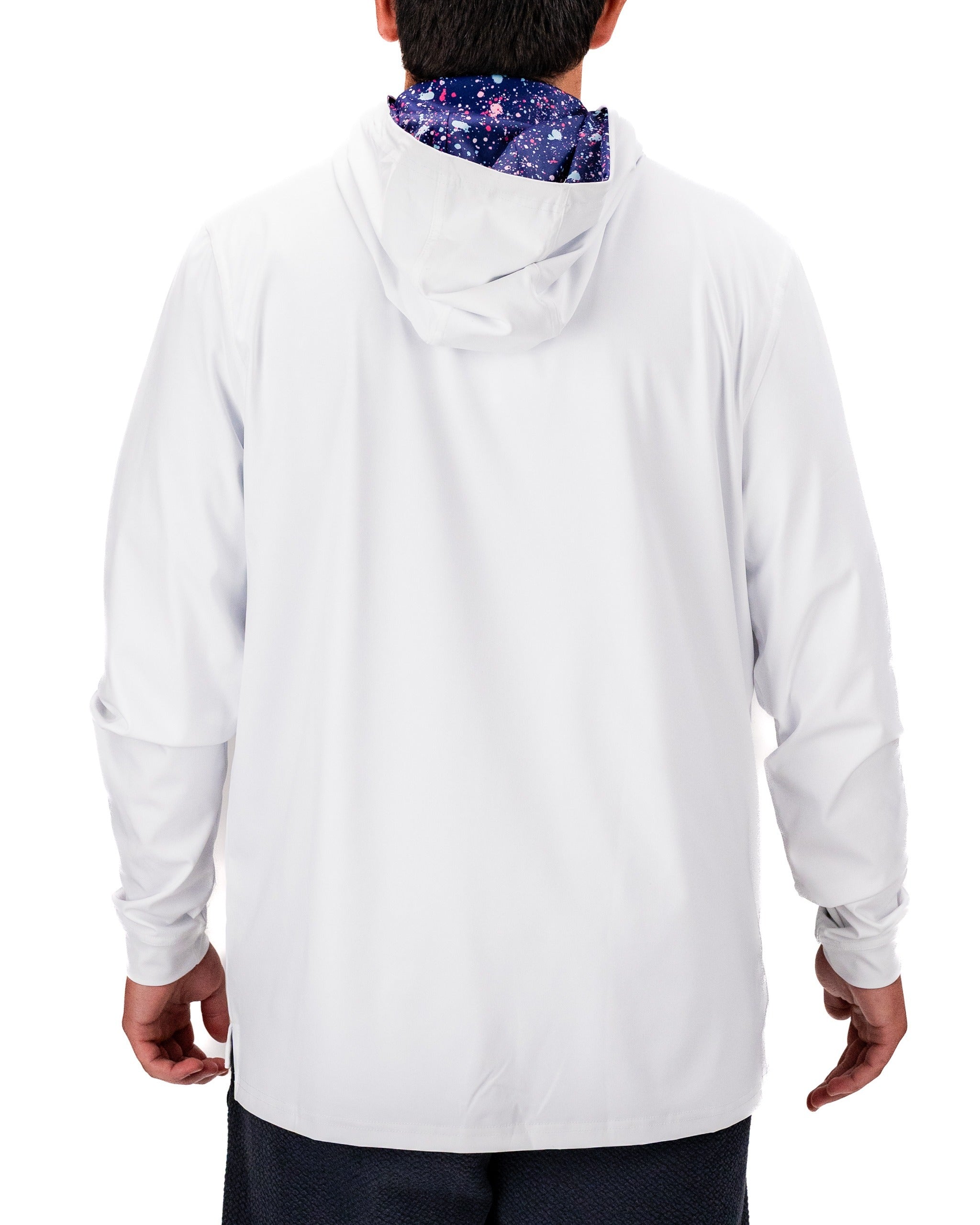 Men's performance golf hoodie in blue splatter design, featuring a lightweight fabric and a hood for comfort on the course.