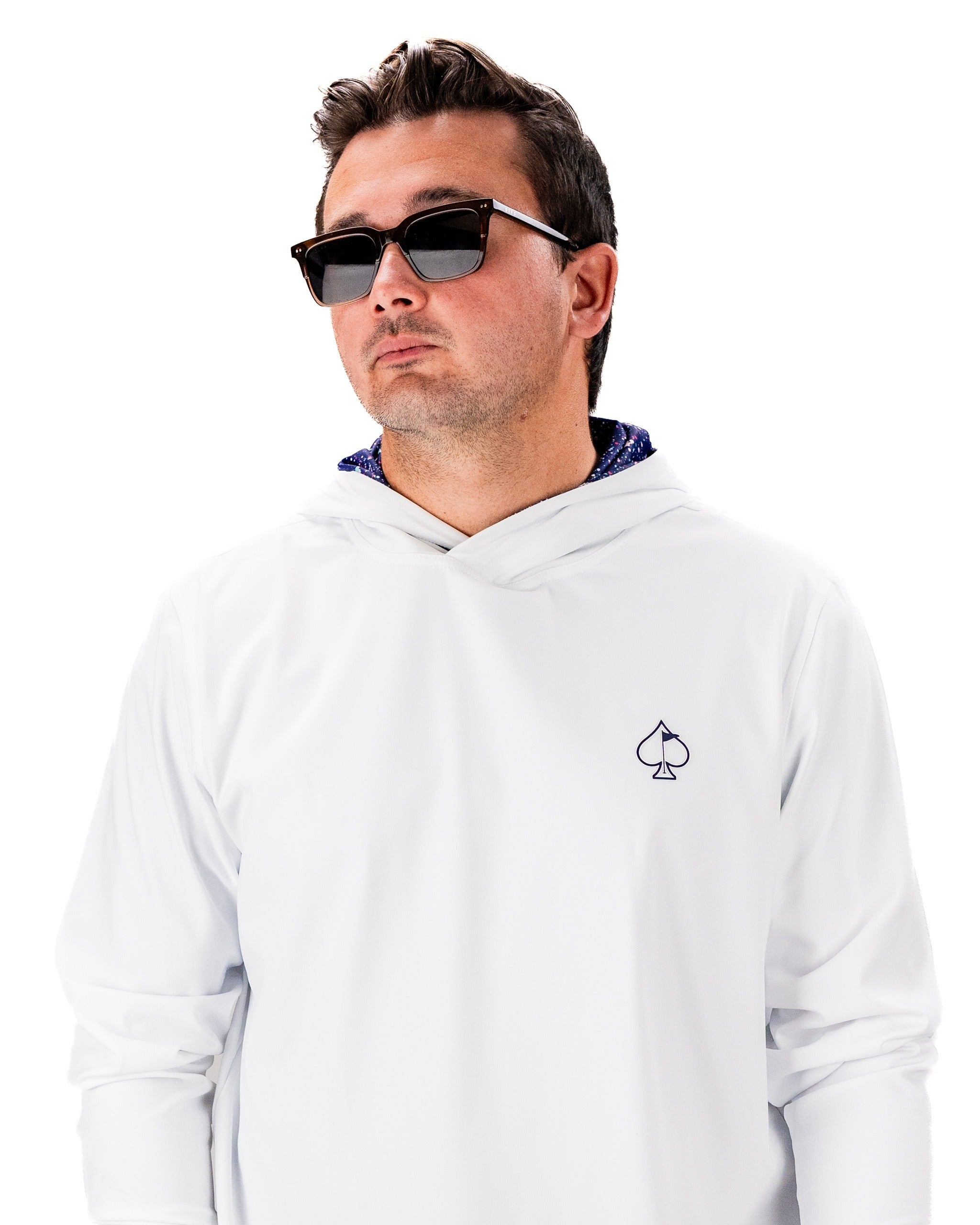 Men's performance golf hoodie in blue splatter design, featuring a stylish hood and spade logo on the chest.
