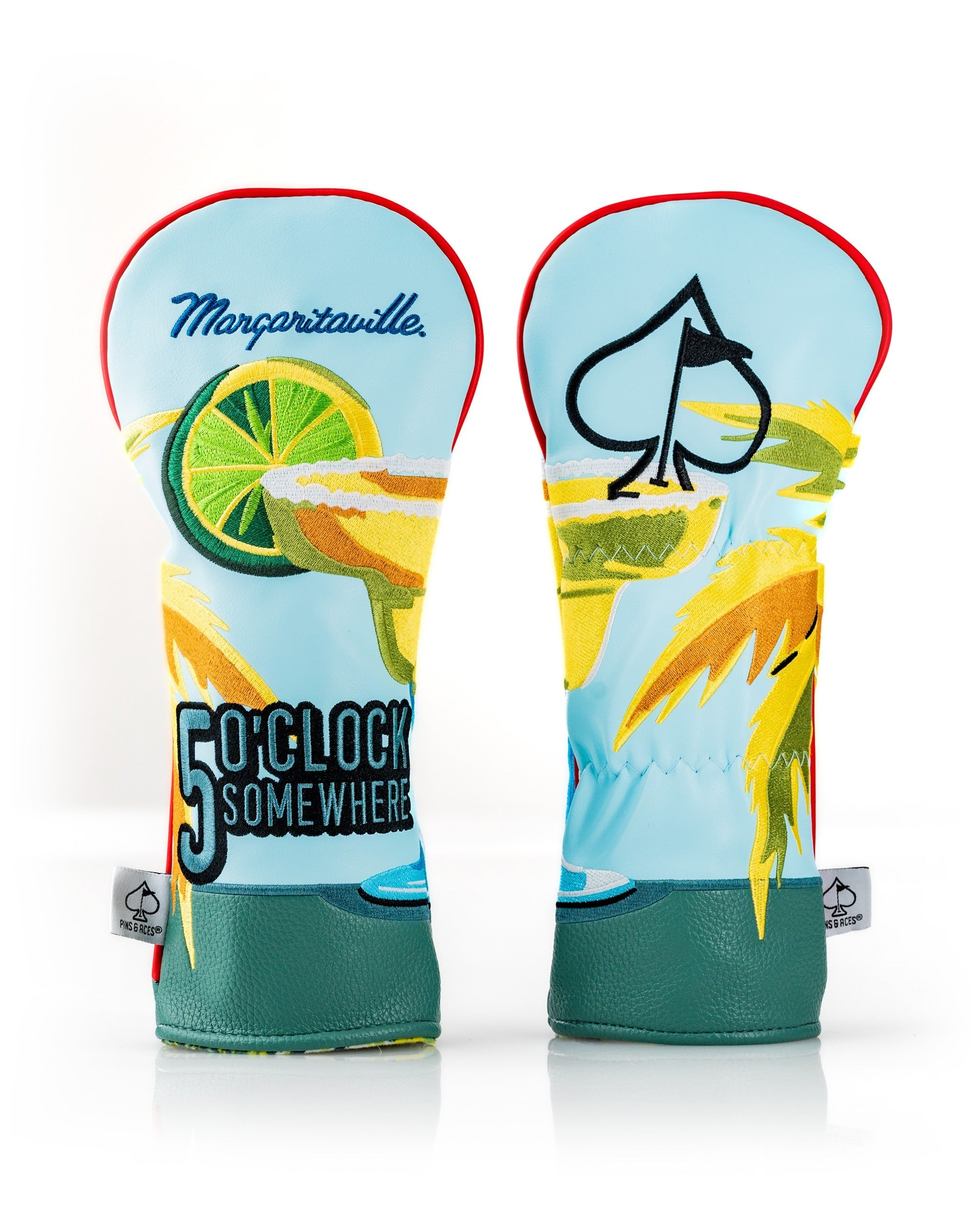 Colorful Margaritaville 5 O'Clock Somewhere fairway headcover featuring tropical drink and palm tree designs.