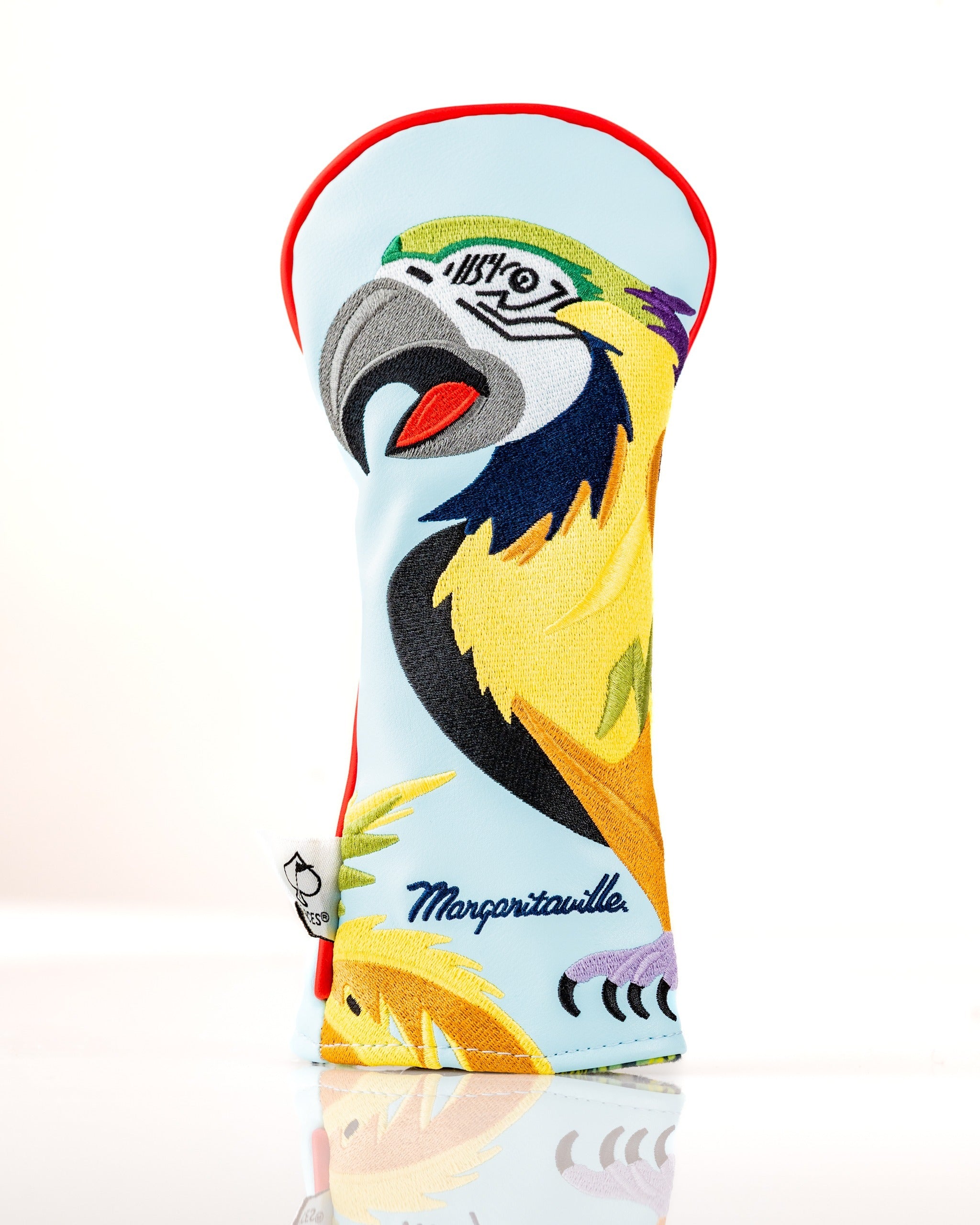 Colorful Margaritaville Polly hybrid headcover featuring a vibrant parrot design, perfect for adding flair to your golf bag.
