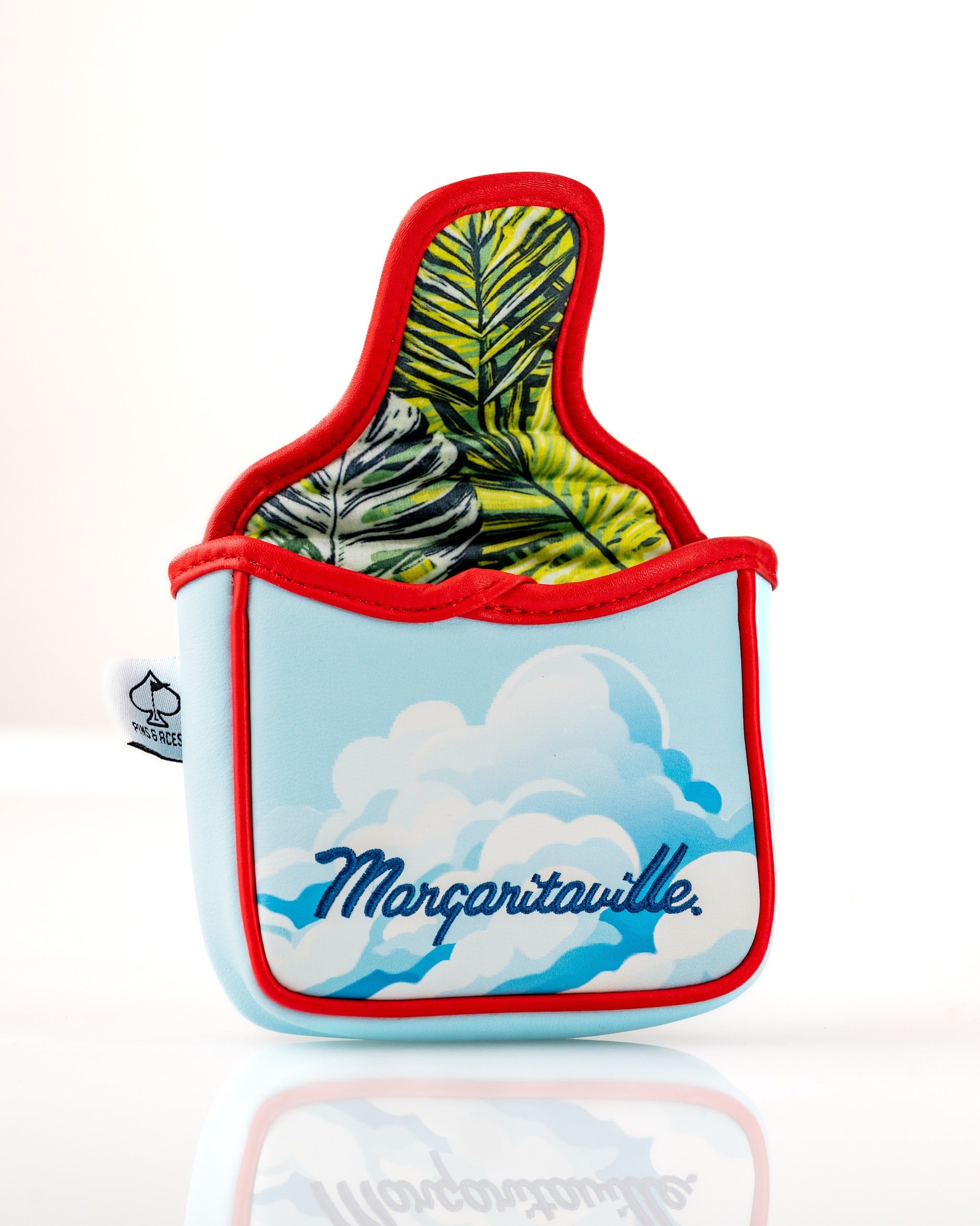 Margaritaville Puddle Jumper mallet putter cover featuring a tropical design with palm leaves and vibrant colors.