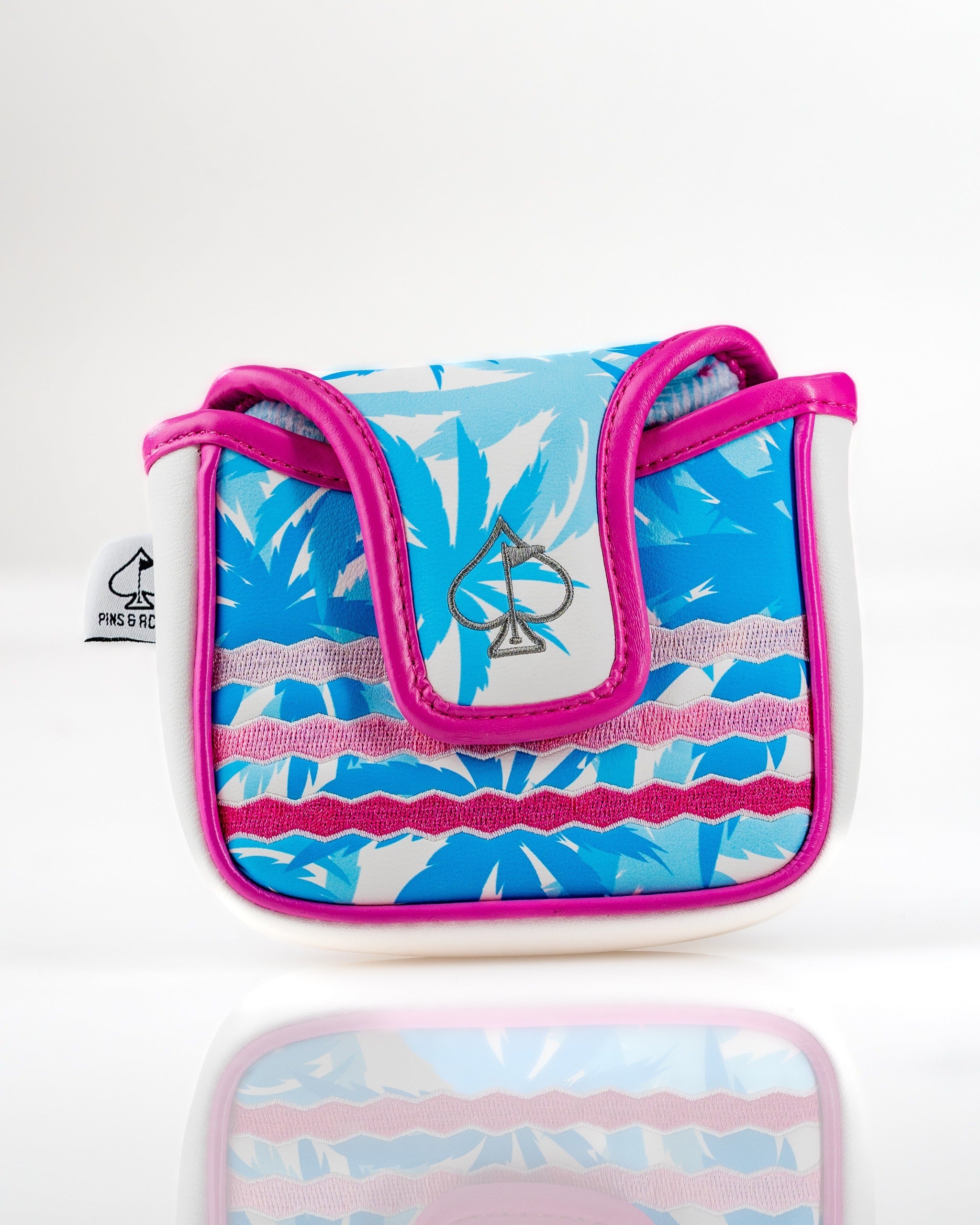 Vibrant flamingo-themed mallet putter cover with blue and pink tropical design, perfect for stylish golfers.
