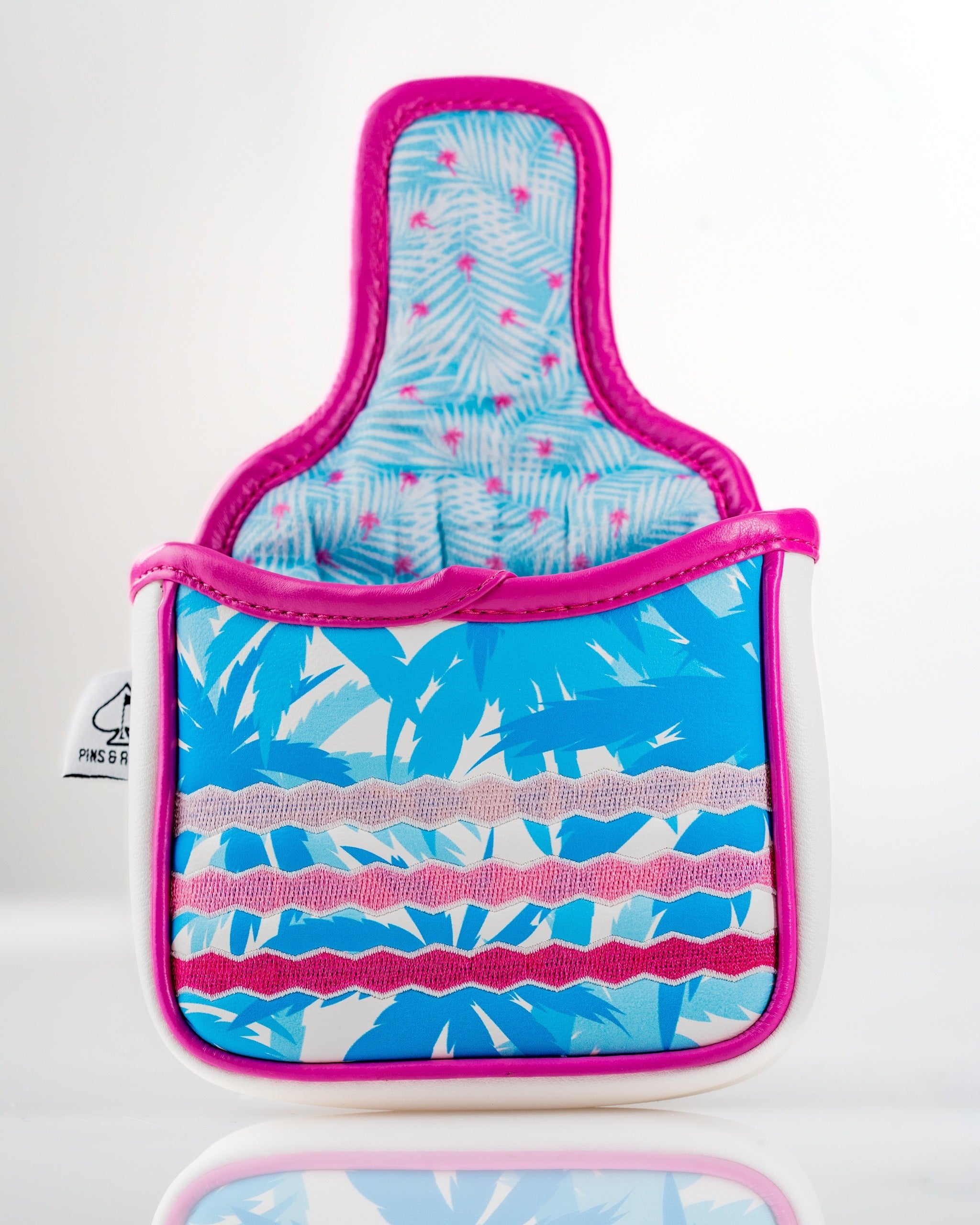Vibrant flamingo-themed mallet putter cover featuring a tropical design with pink and blue accents for stylish golf protection.