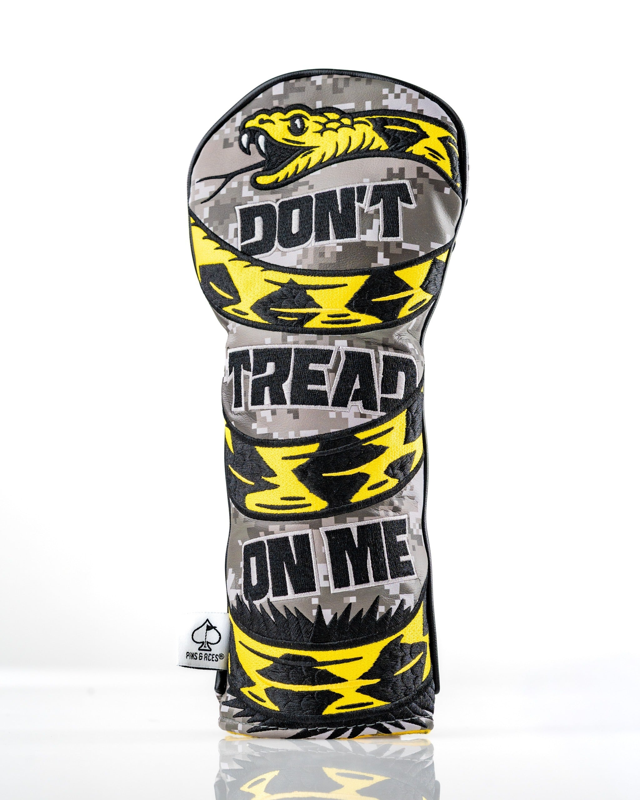 Bold Don't Tread On Me 2.0 fairway cover featuring a striking yellow and gray design with a snake graphic.