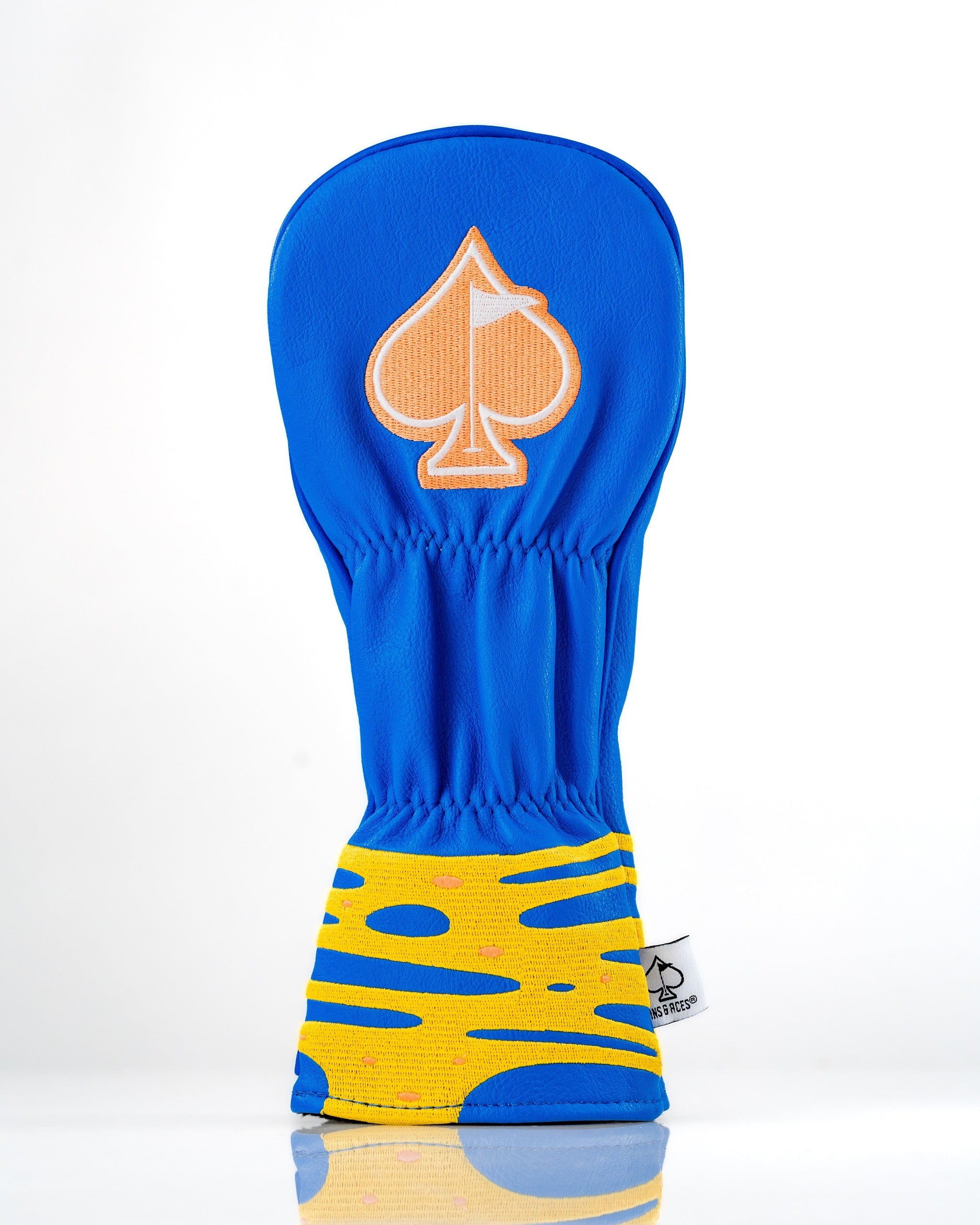 Bold blue and yellow pizza-themed fairway cover featuring a spade logo, designed for golfers who want to stand out.