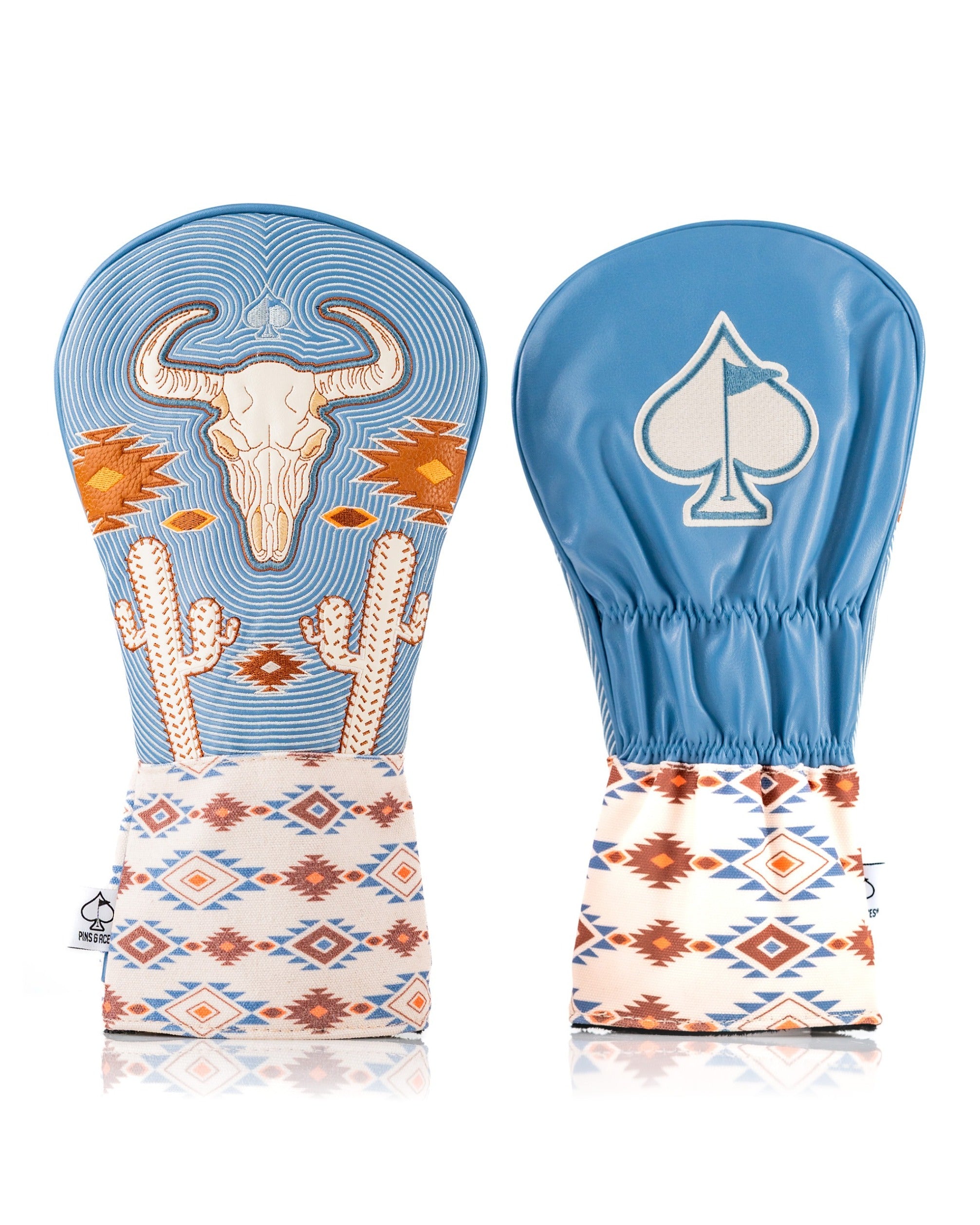Western aesthetic driver cover featuring a bull skull design, cacti, and a colorful geometric pattern. Perfect for stylish golfers.