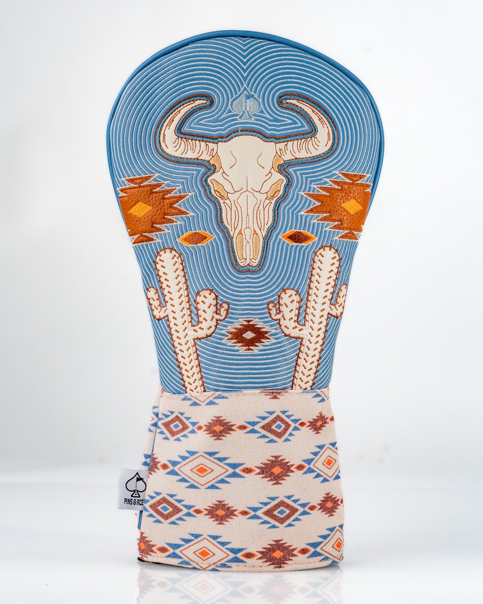 Western aesthetic driver cover featuring a bull skull design with vibrant colors and southwestern patterns. Ideal for stylish golfers.