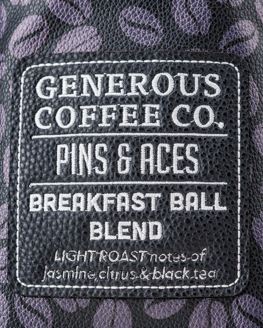 Generous Coffee valuables pouch featuring a textured label with branding and coffee blend details.