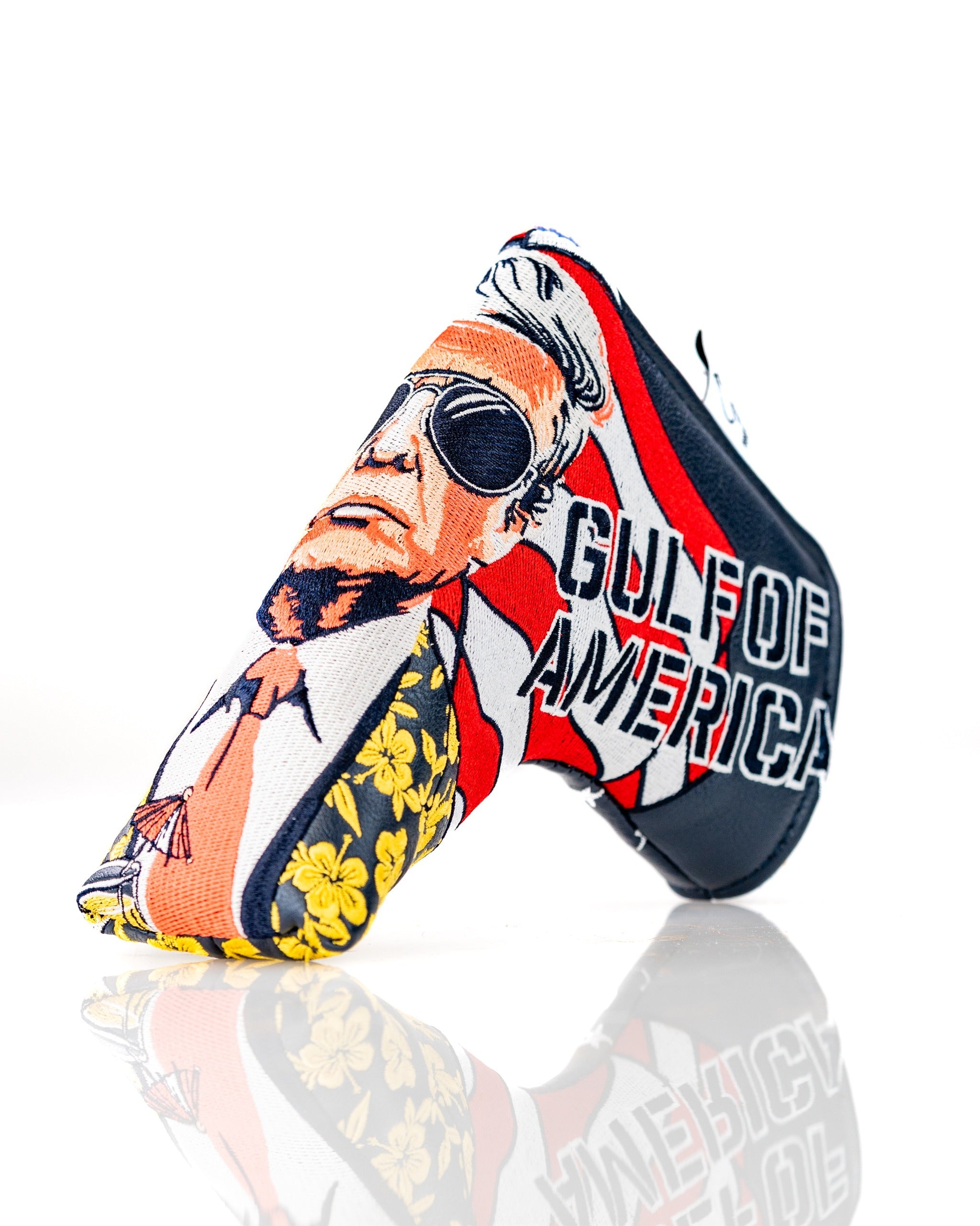 Bold golf blade cover featuring a caricature of a man in sunglasses with "Gulf of America" text, perfect for standout style on the course.