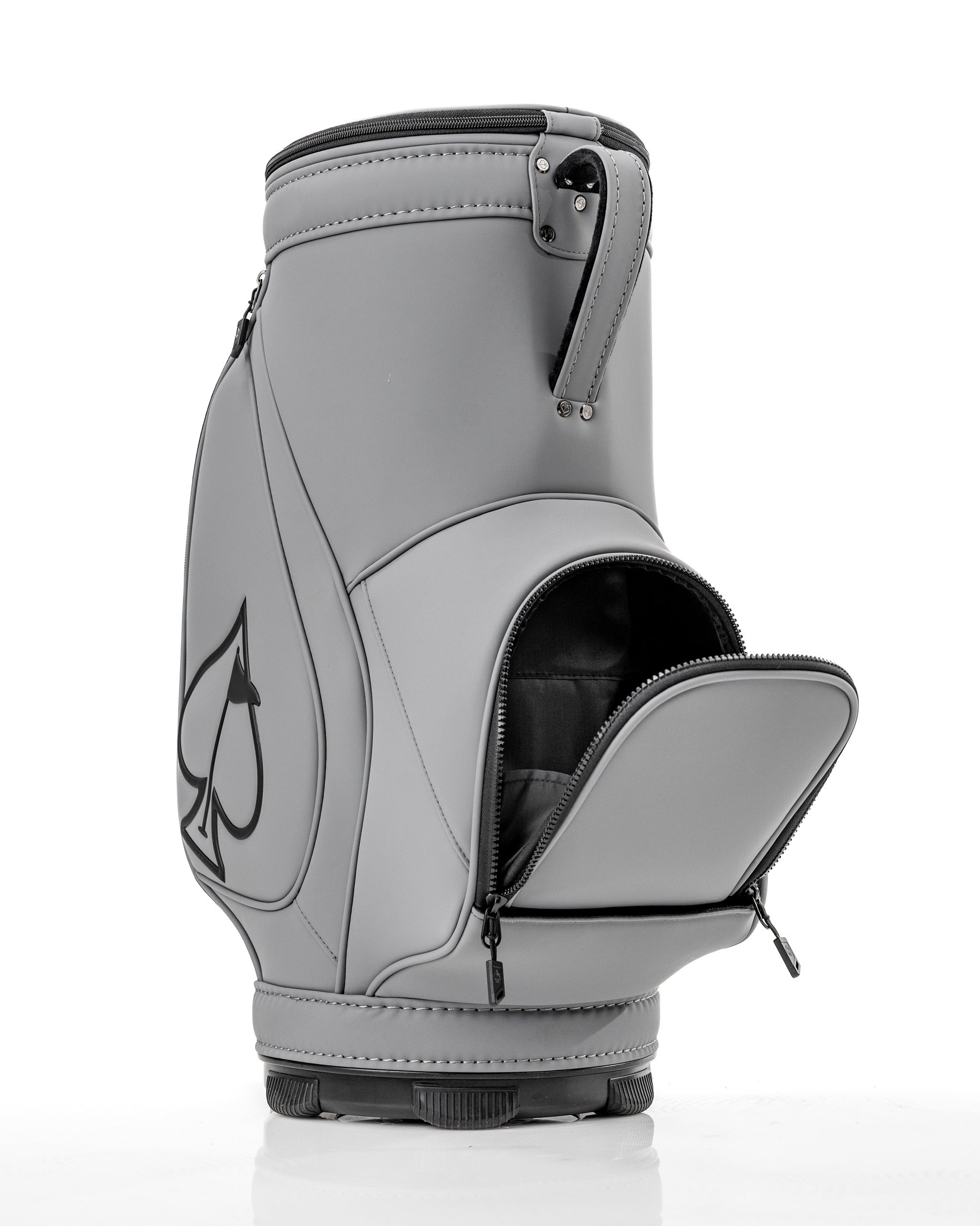 Stylish flat ash golf caddy with a sleek design, featuring a zippered pocket and bold logo for a standout look on the course.