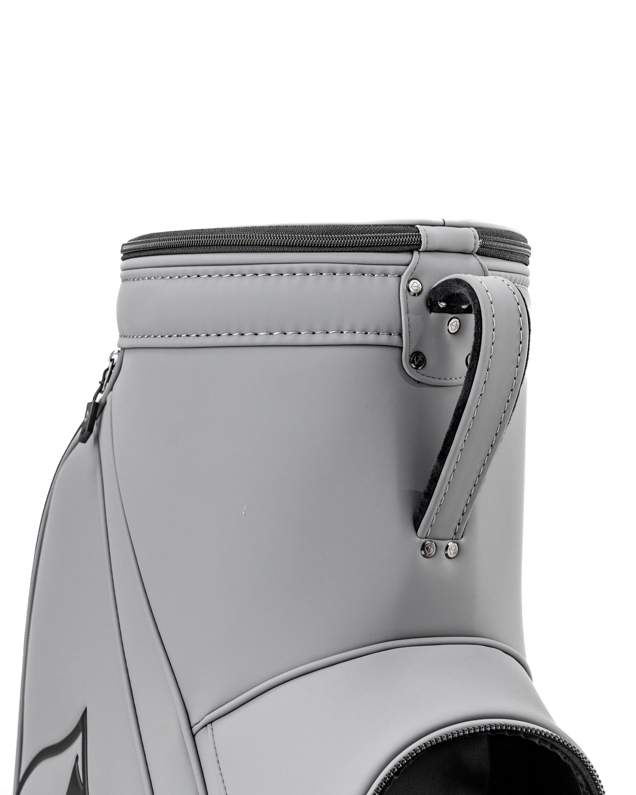 Stylish gray Den Caddy with a sleek design, featuring a zippered top and durable material for golf accessories.