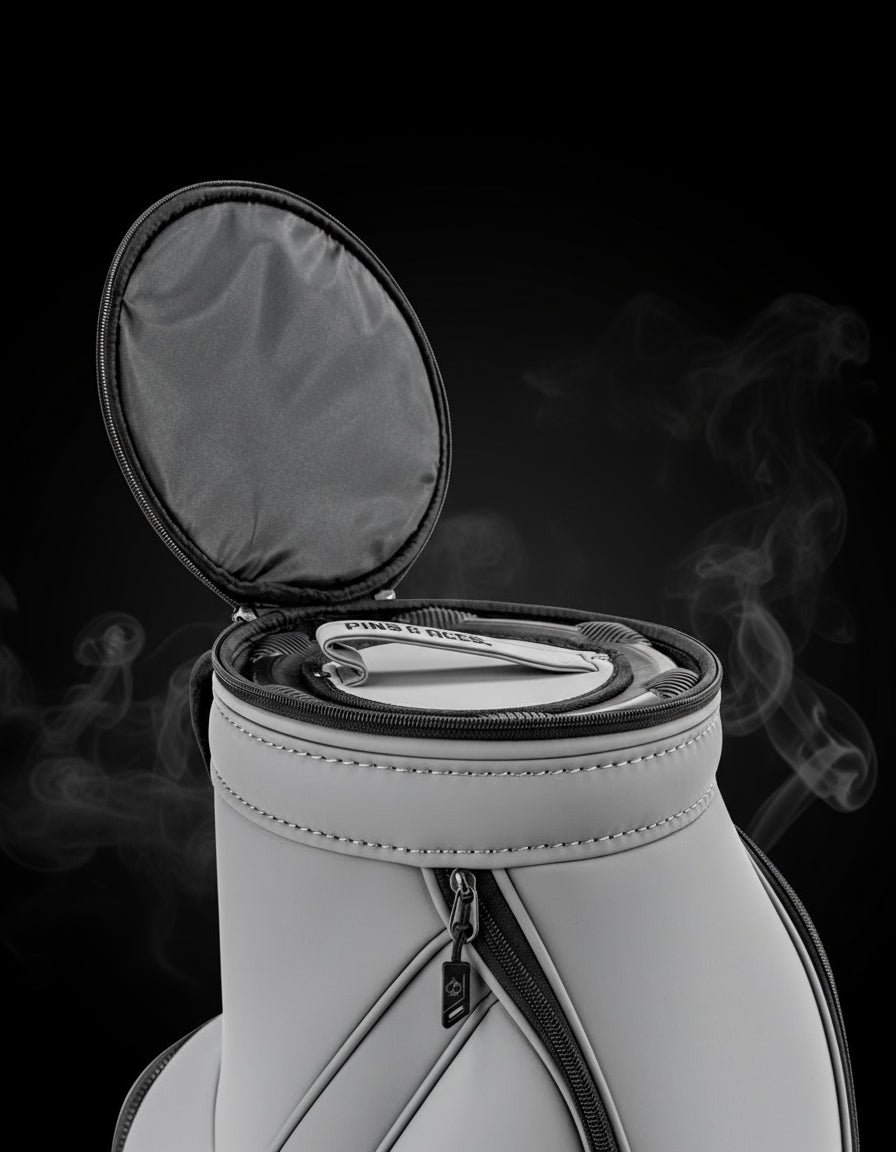 Stylish Den Caddy in Flat Ash with a sleek design and zippered top, perfect for golfers seeking unique accessories.