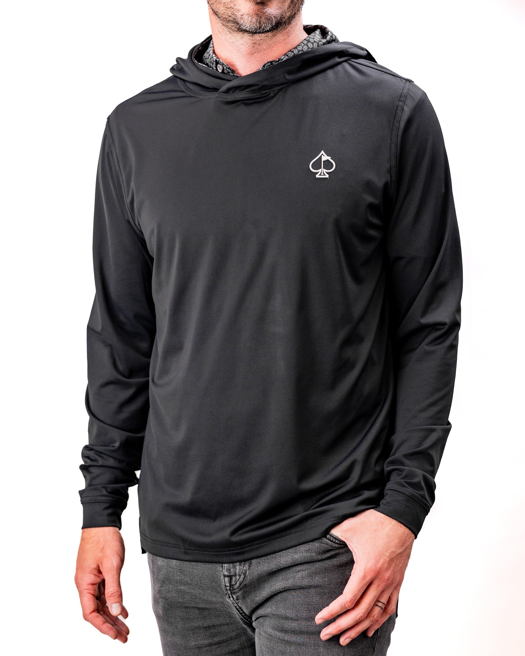 Men's performance golf hoodie in black with a spade logo, designed for comfort and style on the golf course.