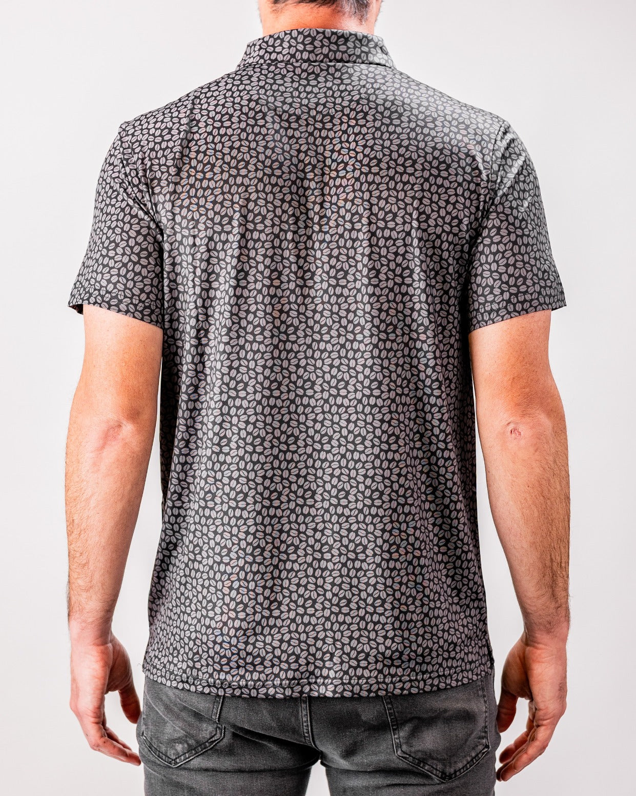 Men's short-sleeve polo shirt featuring a unique coffee bean pattern, designed for a stylish and comfortable fit.