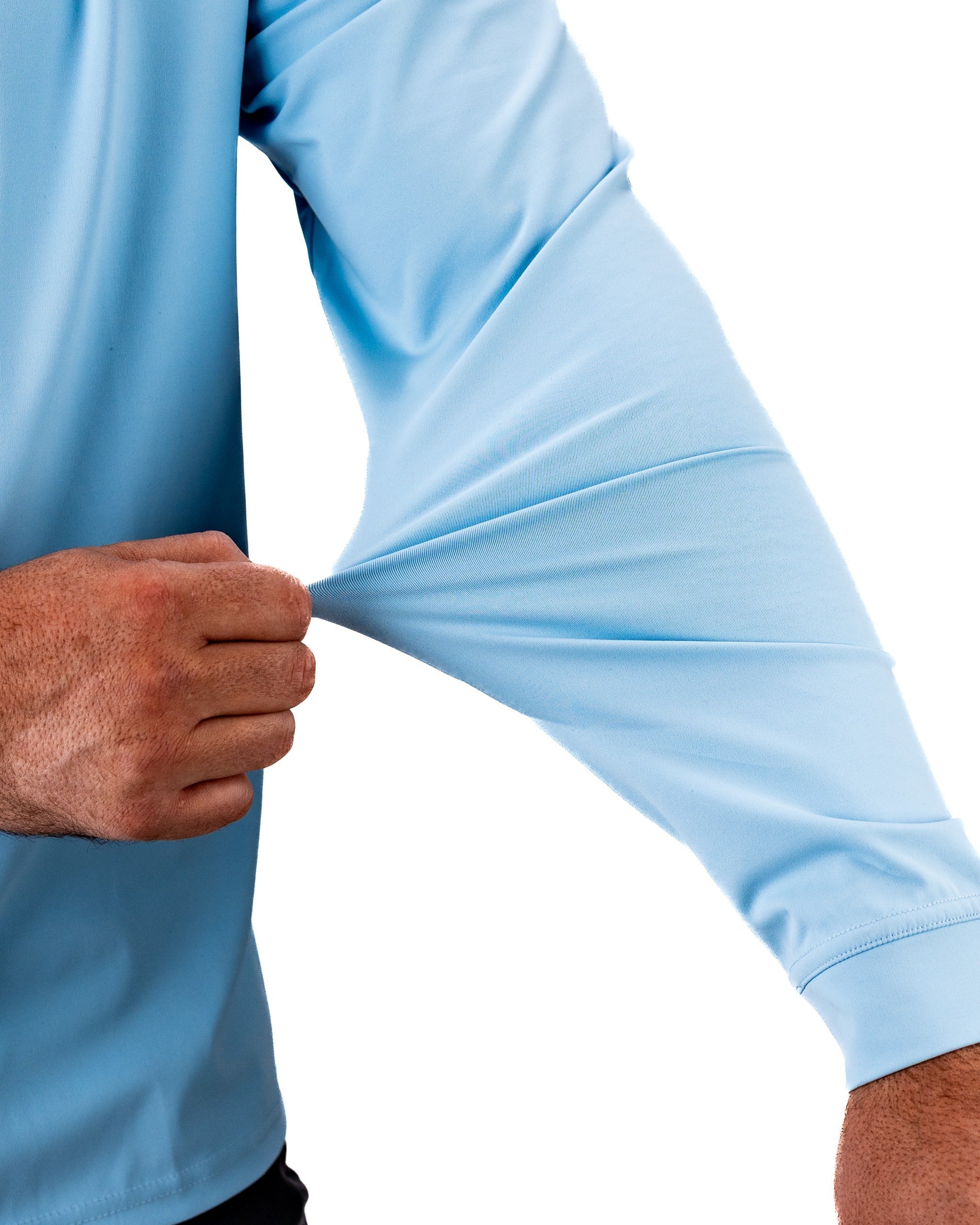 Performance Golf Hoodie in Squiggle Blue, showcasing a close-up of the lightweight fabric being stretched at the sleeve.