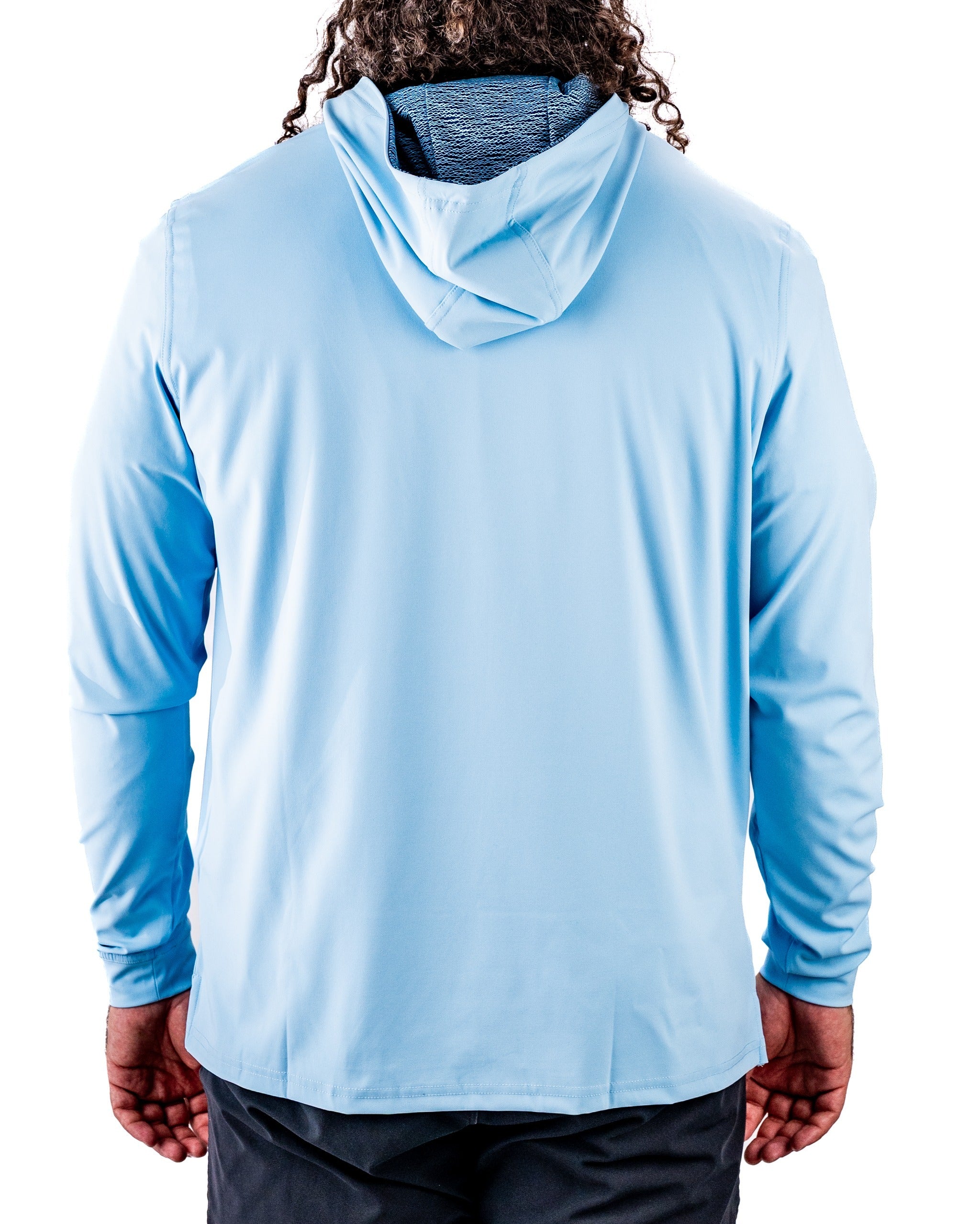 Men's performance golf hoodie in Squiggle Blue, featuring a lightweight design and a comfortable hood for on-course style.