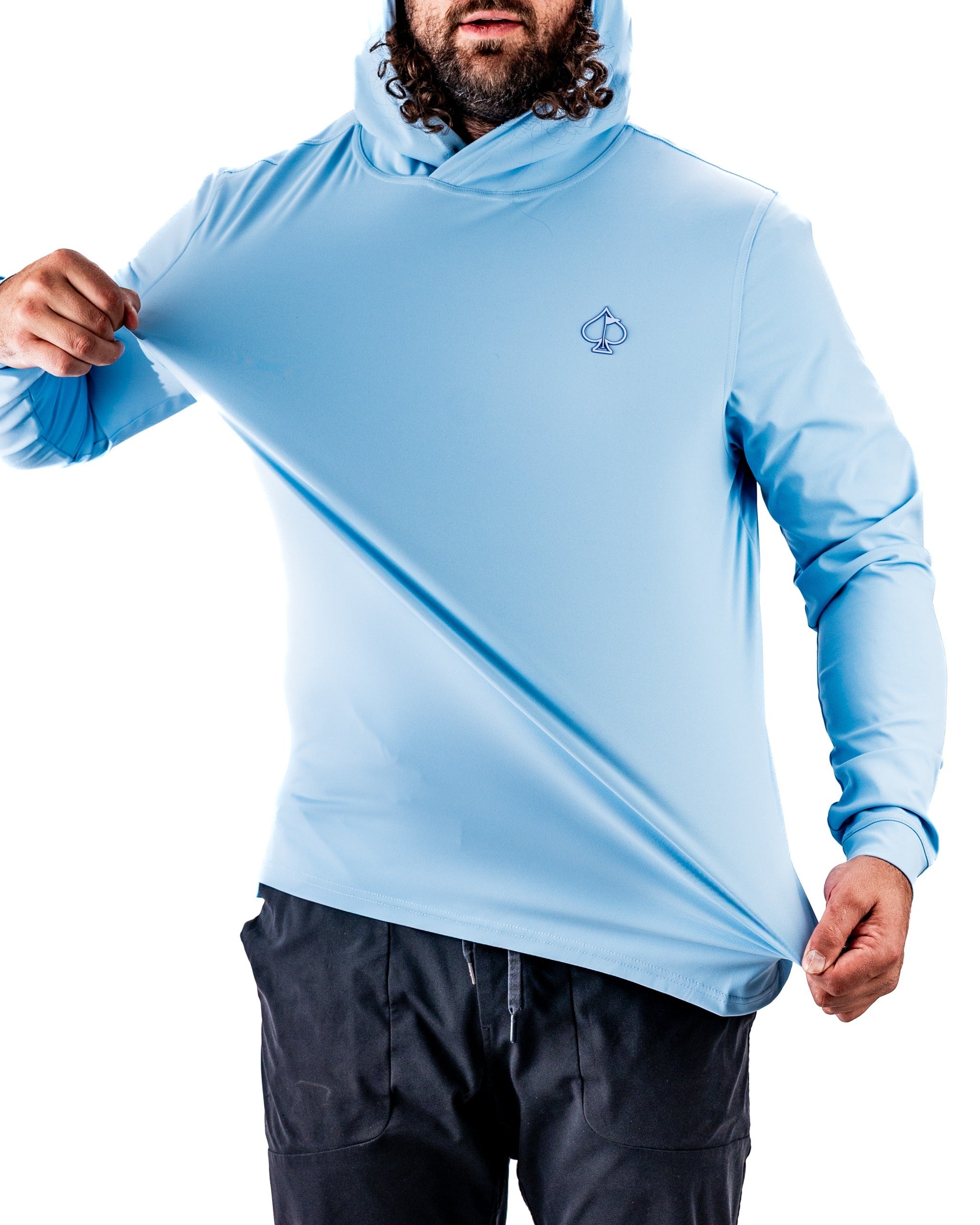 Men's performance golf hoodie in Squiggle Blue, featuring a stylish design and comfortable fit for on-course wear.